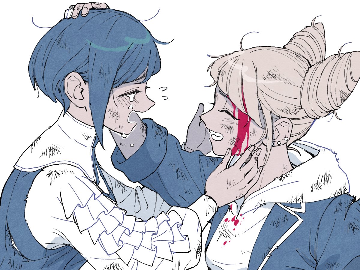 rokkoron, fukurai azami, jasmine (toshi densetsu kaitai center), toshi densetsu kaitai center, 2girls, blood, blood from forehead, blood on clothes, blood on face, blue hair, closed eyes, collared shirt, cone hair bun, crying, double bun, face-to-face, facing another, flying sweatdrops, frilled shirt, frilled sleeves, frills, grin, hair bun, hand on another's head, hood, hood down, long sleeves, messy hair, multiple girls, open mouth, profile, puffy long sleeves, puffy sleeves, reaching, reaching towards another, shirt, short hair, simple background, smile, tears, upper body, white background