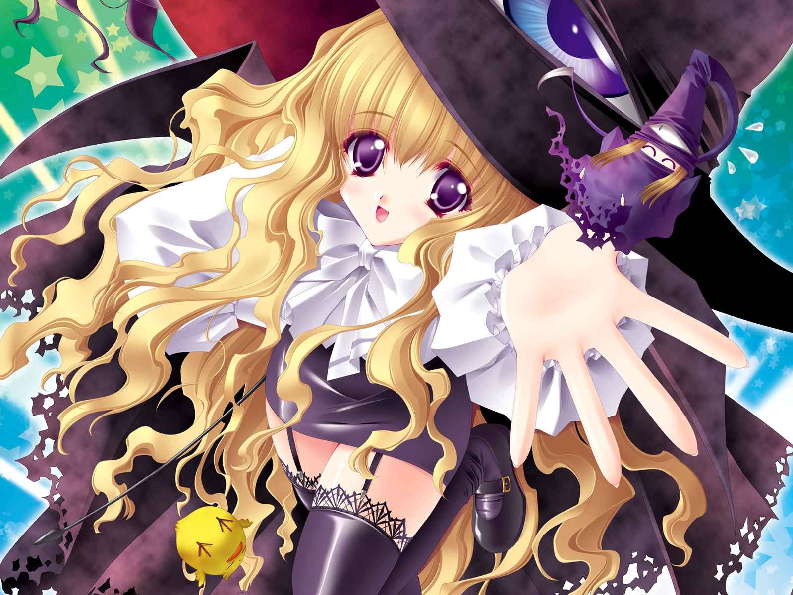 carnelian, ken-chan, kogechibi, lilith (yamibou), yami to boushi to hon no tabibito, highres, jpeg artifacts, non-web source, 00s, blonde hair, garter straps, hat, long hair, looking at viewer, mini person, minigirl, pencil skirt, purple eyes, skirt, thighhighs, witch, witch hat, zettai ryouiki
