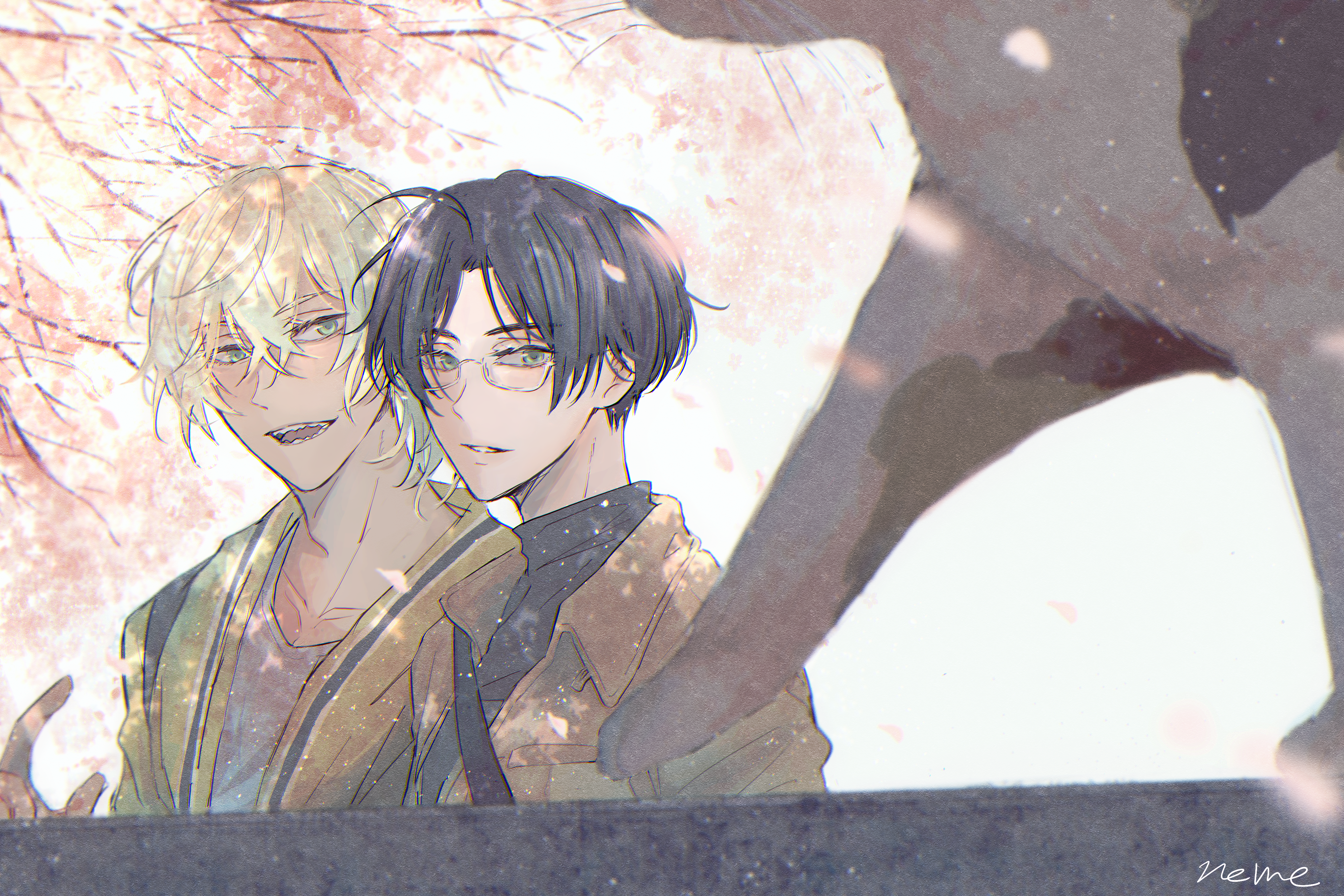 akutsu mabu, niiboshi reo, sarazanmai, absurdres, highres, 2boys, ahoge, animal, black hair, blonde hair, brown jacket, cat, cherry blossoms, green eyes, grey shirt, jacket, male focus, multiple boys, n (warehouse), rectangular eyewear, sharp teeth, shirt, short hair, signature, teeth, yellow jacket