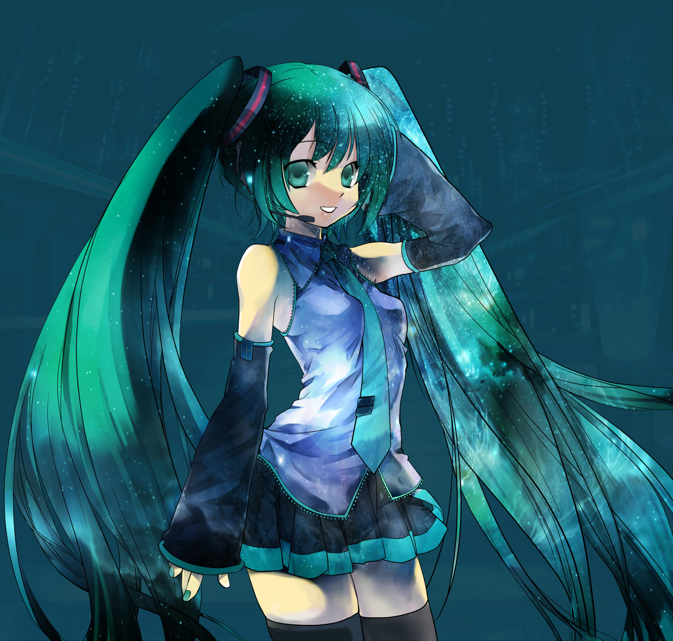 rarara, hatsune miku, vocaloid, bad id, bad pixiv id, highres, 1girl, aqua eyes, aqua hair, aqua nails, detached sleeves, female focus, long hair, nail polish, necktie, skirt, solo, thighhighs, twintails, very long hair, zettai ryouiki