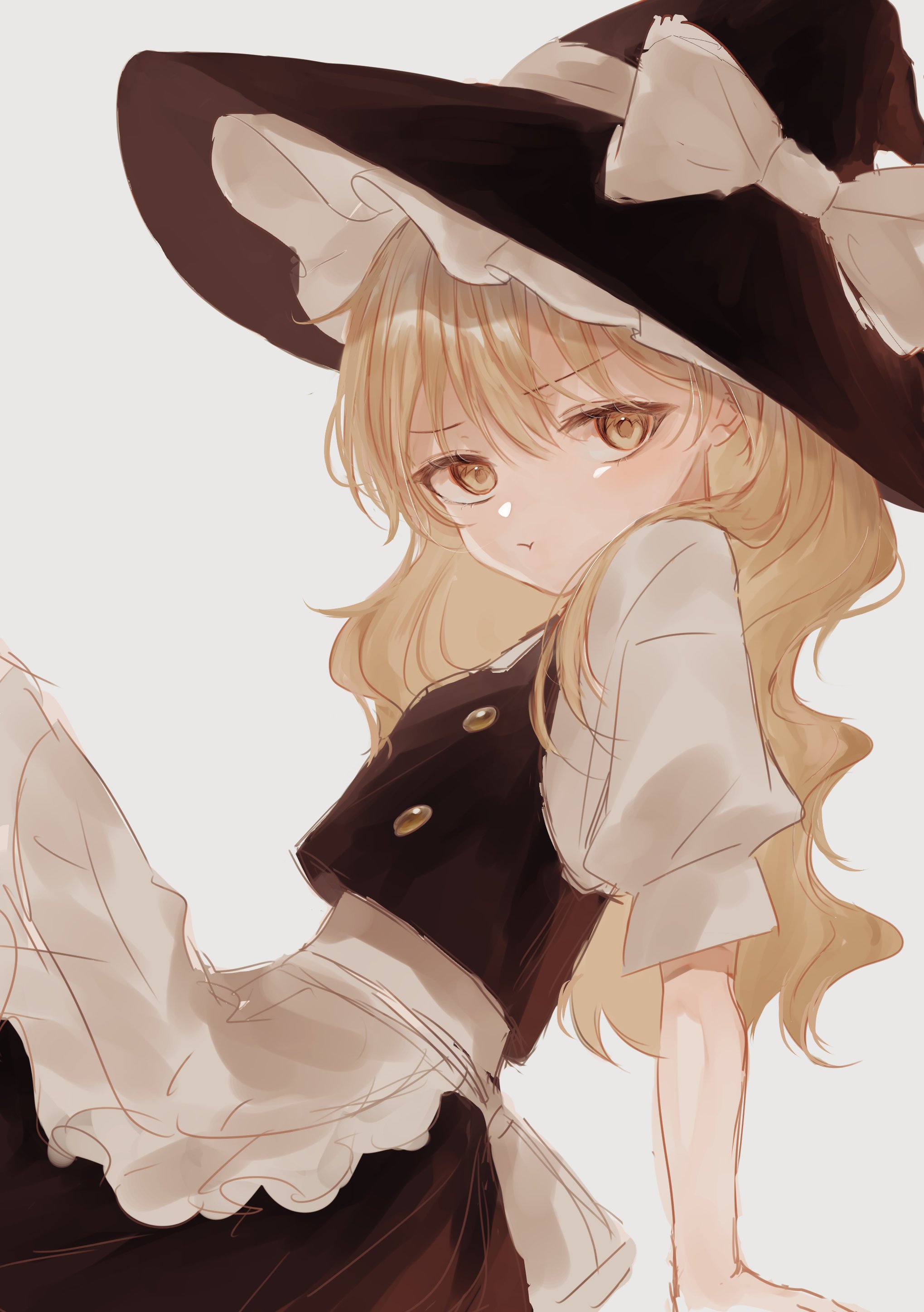 toppoppo1017, kirisame marisa, touhou, absurdres, commentary request, highres, 1girl, apron, arm support, black hat, black skirt, blonde hair, bow, buttons, double-breasted, frilled apron, frills, from side, hat, hat bow, long hair, looking at viewer, simple background, skirt, skirt set, solo, white apron, white background, white bow, witch hat, yellow eyes