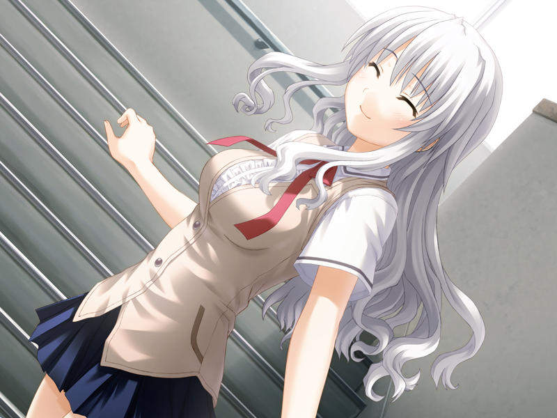 nekonyan, misaki ryou, sakaagari hurricane, game cg, non-web source, 1girl, closed eyes, dutch angle, female focus, long hair, school uniform, smile, solo, white hair