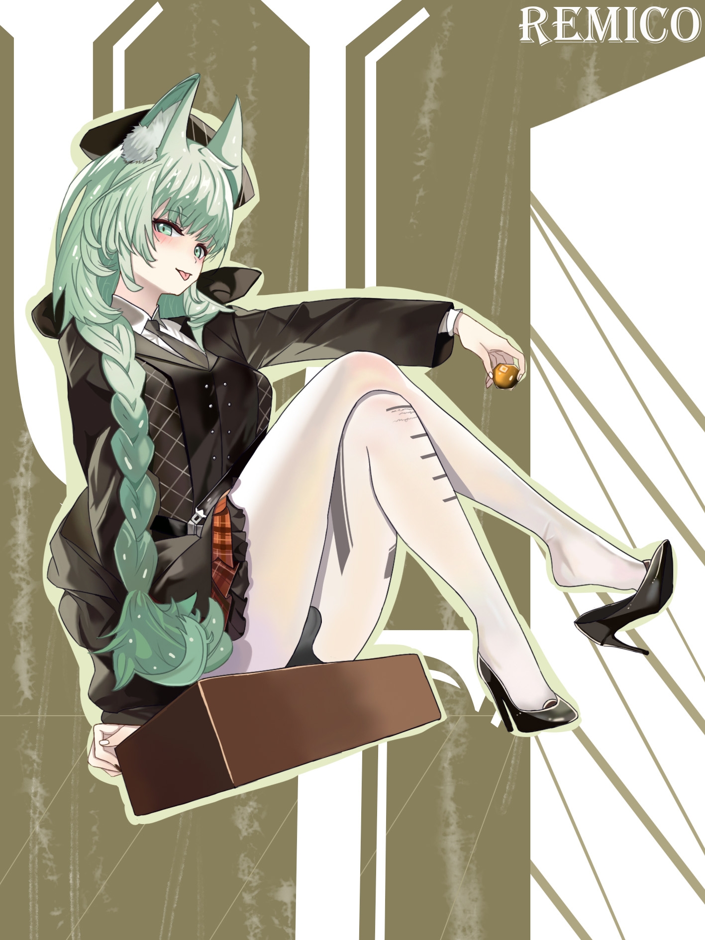 harmonie (arknights), harmonie (invitation) (arknights), arknights, chinese commentary, commentary request, highres, 1girl, :p, animal ear fluff, animal ears, beret, black dress, black hat, black necktie, black shoes, blush, braid, closed mouth, collared shirt, crossed legs, dress, fingernails, full body, green eyes, green hair, green outline, hat, high heels, holding, legs, legs up, long hair, long sleeves, necktie, official alternate costume, outline, pantyhose, remico. (xinjinjumin0869167), shirt, shoe dangle, shoes, sitting, solo, tongue, tongue out, white pantyhose, white shirt