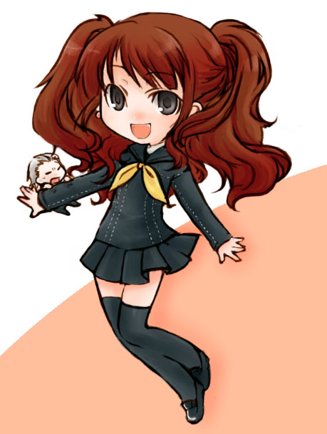 mukashi, kujikawa rise, tatsumi kanji, atlus, persona, persona 4, 1boy, 1girl, :d, black skirt, blonde hair, blue eyes, chibi, emblem, full body, long sleeves, looking at viewer, open mouth, pleated skirt, sailor collar, school uniform, serafuku, size difference, skirt, smile, thighhighs, twintails, zettai ryouiki