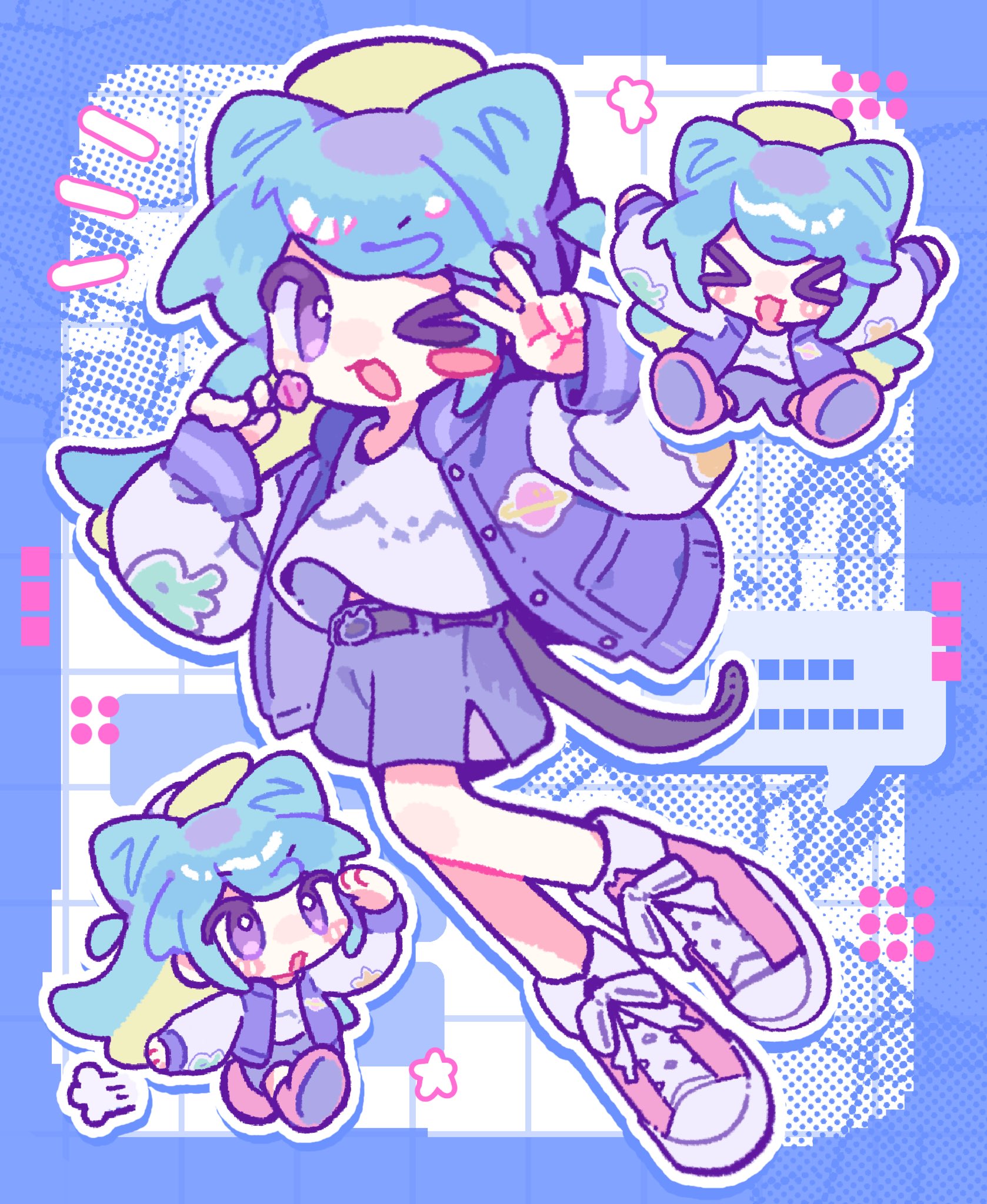 higiki, original, highres, > <, 1girl, :d, ;d, blue border, blue hair, blush stickers, border, chibi, closed eyes, drop shadow, full body, green hat, grid background, hand up, hat, jacket, long sleeves, looking at viewer, multiple views, notice lines, one eye closed, open clothes, open jacket, open mouth, outside border, pink shoes, puff of air, purple eyes, purple jacket, purple shorts, shirt, shoes, short hair, shorts, smile, sneakers, star (symbol), v, white background, white shirt, xd