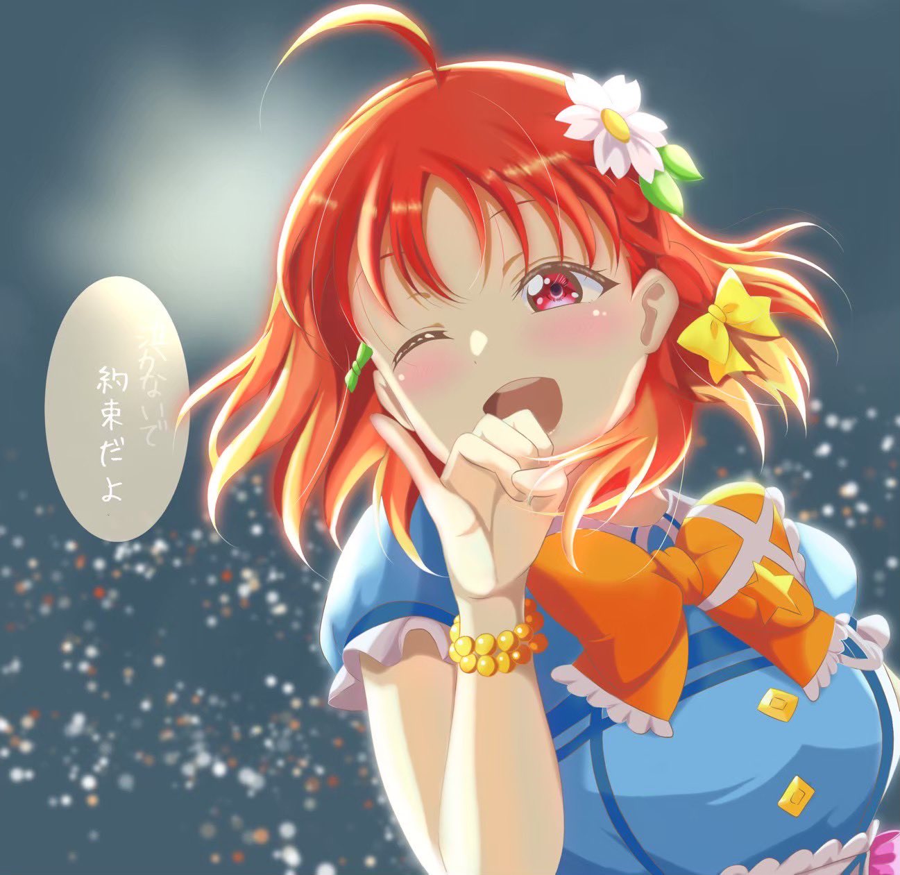 ruttsu, takami chika, love live!, love live! sunshine!!, commentary request, highres, 1girl, ahoge, blue shirt, bow, breasts, flower, green ribbon, grey background, hair bow, hair flower, hair ornament, hair ribbon, kimi no kokoro wa kagayaiteru kai?, medium breasts, medium hair, official alternate costume, orange hair, pinky out, puffy short sleeves, puffy sleeves, red eyes, ribbon, shirt, short sleeves, solo, upper body, white flower, yellow bow