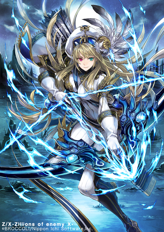 hagiya kaoru, gandiva (z/x), z/x, official art, 1girl, arrow (projectile), between breasts, blonde hair, bodysuit, boots, bow (weapon), breasts, closed mouth, copyright notice, gloves, goggles, goggles on headwear, green eyes, hair ornament, hat, heterochromia, high heel boots, high heels, holding, holding bow (weapon), holding weapon, long hair, moon, night, night sky, outdoors, red eyes, ribbed bodysuit, sky, solo, strap between breasts, weapon, white gloves, white hat