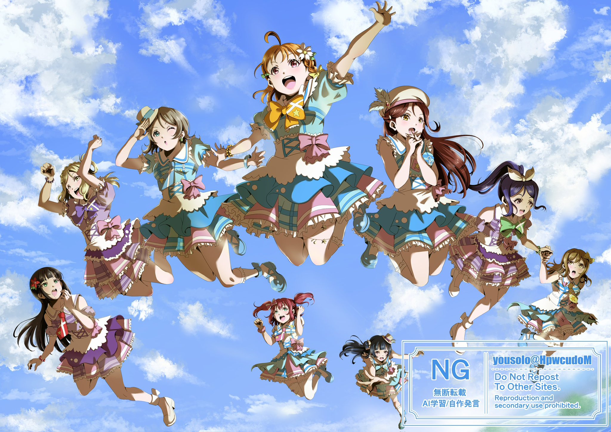 yousolo, kunikida hanamaru, kurosawa dia, kurosawa ruby, matsuura kanan, ohara mari, sakurauchi riko, takami chika, tsushima yoshiko, watanabe you, love live!, love live! sunshine!!, commentary request, highres, 6+girls, :d, ;o, ahoge, aqua eyes, arms up, beret, black hair, blonde hair, blue dress, blue eyes, blue hair, blue sky, blunt bangs, bow, braid, brown hair, clenched hands, cloud, crown braid, day, dress, everyone, falling, flower, frilled dress, frilled socks, frills, grey hair, hair bow, hair flower, hair ornament, hair rings, hat, high ponytail, kimi no kokoro wa kagayaiteru kai?, long hair, looking at another, medium hair, mini hat, mini top hat, mole, mole under mouth, multiple girls, one eye closed, one side up, open mouth, orange hair, outstretched arms, ponytail, puffy short sleeves, puffy sleeves, purple dress, red eyes, red flower, red hair, short dress, short sleeves, sidelocks, single hair ring, sky, sleeveless, sleeveless dress, smile, socks, spread arms, teeth, tilted headwear, top hat, two side up, upper teeth only, watermark, white flower, white hat, white socks, yellow bow, yellow eyes