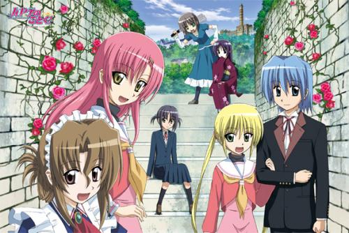 aizawa sakuya, ayasaki hayate, katsura hinagiku, maria (hayate no gotoku!), nishizawa ayumu, saginomiya isumi, sanzen'in nagi, hayate no gotoku!, wall, lowres, non-web source, 00s, 1boy, 6+girls, flower, folded ponytail, multiple girls, rose, sitting, sitting on stairs, stairs