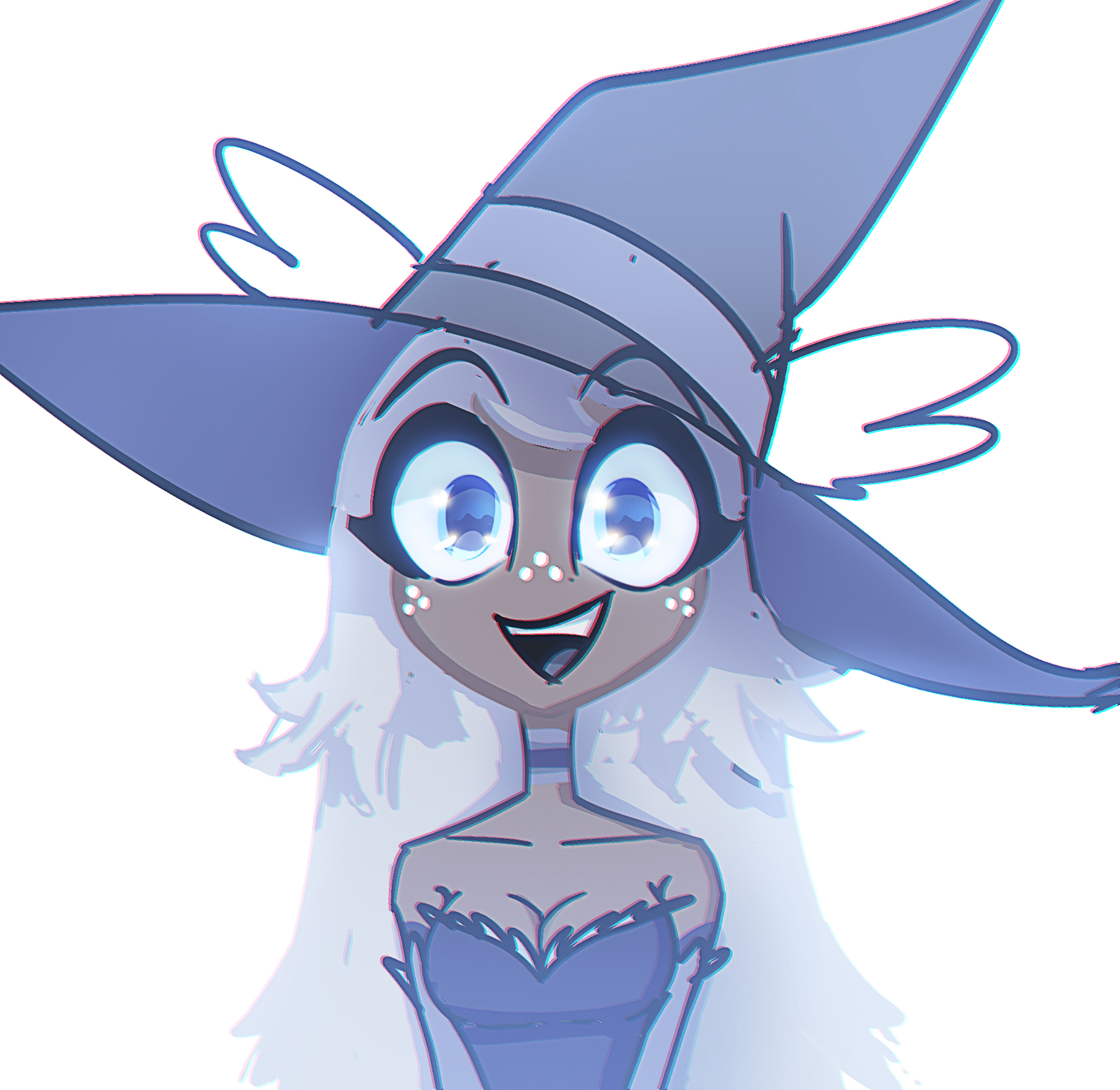 grimmie02, emily (hazbin hotel), hazbin hotel, hellaverse, highres, 1girl, :d, bare shoulders, blue eyes, breasts, cleavage, dark-skinned female, dark skin, detached sleeves, freckles, hat, large breasts, long hair, open mouth, simple background, smile, solo, teeth, upper teeth only, white background, white hair, witch hat