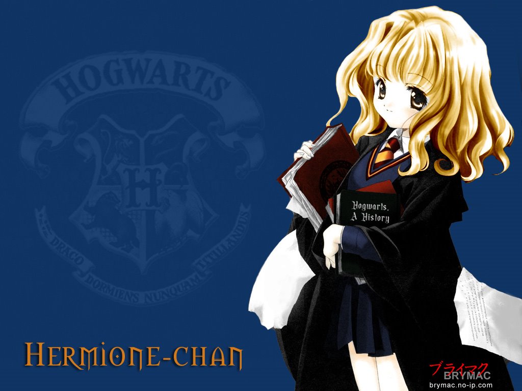 hermione granger, harry potter (series), wizarding world, non-web source, 1girl, blonde hair, book, brown eyes, brown hair, female focus, school uniform, short hair, solo, standing