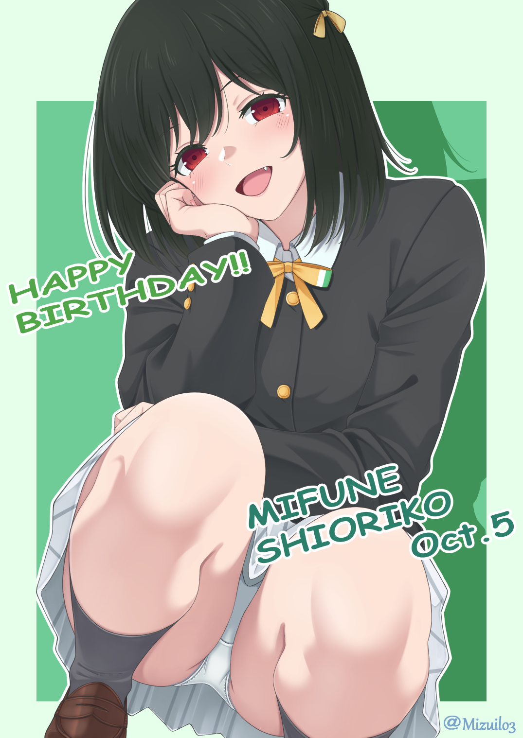 rei (09991), mifune shioriko, love live!, love live! nijigasaki high school idol club, commentary, highres, 1girl, black hair, black jacket, border, character name, collared shirt, dated, dress shirt, fang, foot out of frame, green background, hand on own cheek, hand on own face, jacket, long sleeves, looking at viewer, medium hair, miniskirt, neck ribbon, nijigasaki school uniform, outside border, panties, pantyshot, pleated skirt, red eyes, ribbon, school uniform, shirt, simple background, skirt, solo, squatting, underwear, upskirt, white panties, white shirt, white skirt, winter uniform, yellow ribbon