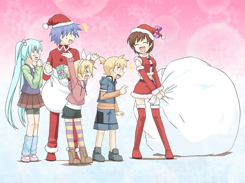 ichika asatsuki, hatsune miku, kagamine len, kagamine rin, kaito (vocaloid), meiko (vocaloid), vocaloid, striped legwear, 2boys, 3girls, arms up, bag, boots, christmas, closed eyes, gift, hat, multiple boys, multiple girls, open mouth, sack, santa costume, santa hat, skirt, striped clothes, striped thighhighs, thigh boots, thighhighs, twintails