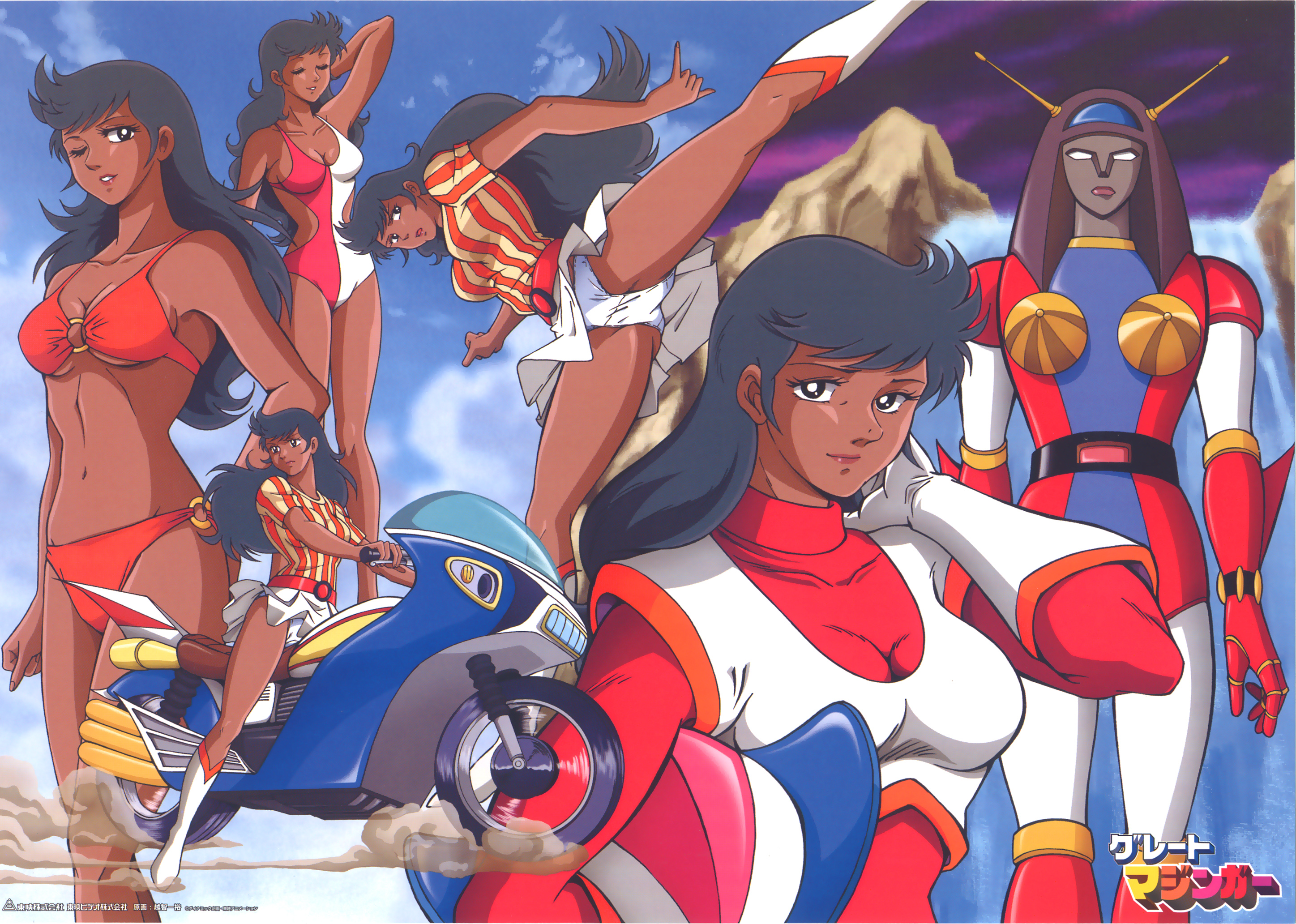honoo jun, venus a, great mazinger, mazinger (series), mazinger z, mazinkaiser, toei company, pilot suit, vehicle, highres, 1girl, bikini, black hair, boots, breasts, cleavage, dark-skinned female, dark skin, female focus, gloves, large breasts, long hair, mecha, motor vehicle, motorcycle, navel, panties, retro artstyle, robot, skirt, sky, solo, swimsuit, underwear, upskirt