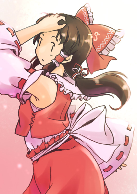 rangycrow, hakurei reimu, touhou, commentary, 1girl, bare shoulders, bow, brown hair, collar, detached sleeves, frilled bow, frilled collar, frilled hair tubes, frills, from side, hair bow, hair tubes, hand on own head, long hair, looking at viewer, nontraditional miko, red shirt, red skirt, ribbon-trimmed sleeves, ribbon trim, shirt, skirt, sleeveless, sleeveless shirt, solo, | |