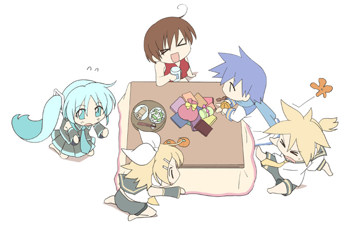 ichika asatsuki, hatsune miku, kagamine len, kagamine rin, kaito (vocaloid), meiko (vocaloid), vocaloid, bad id, bad pixiv id, 2boys, 3girls, aqua hair, chibi, food, fruit, kotatsu, mandarin orange, multiple boys, multiple girls, simple background, table, white background