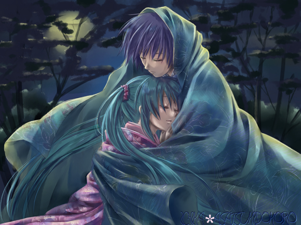 ichika asatsuki, hatsune miku, kaito (vocaloid), vocaloid, bad id, bad pixiv id, aqua hair, blue hair, closed eyes, hug, japanese clothes, long hair, night, twintails