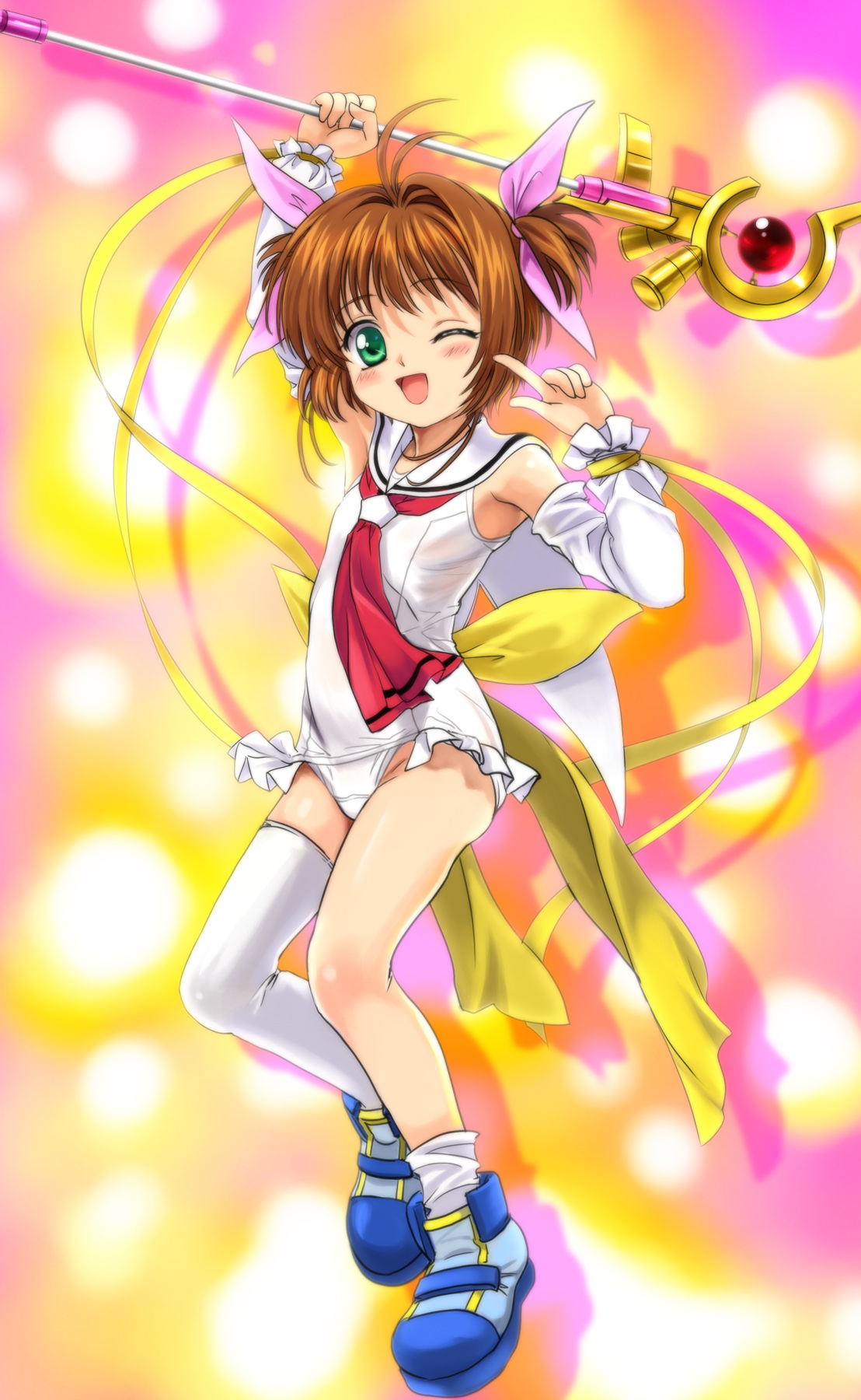 mutsuki (moonknives), kinomoto sakura, pastel ink, raising heart, raising heart (accel mode), takamachi nanoha, cardcaptor sakura, kodansha, lyrical nanoha, mahou shoujo lyrical nanoha, mahou shoujo lyrical nanoha a's, moetan, seven arcs, highres, 1girl, asymmetrical clothes, blush, borrowed weapon, brown hair, child, cosplay, crossover, detached sleeves, female focus, green eyes, hair ribbon, one-piece swimsuit, one eye closed, open mouth, parody, pastel ink (cosplay), ribbon, school swimsuit, school uniform, single thighhigh, solo, staff, swimsuit, takamachi nanoha (cosplay), thighhighs, tomoeda middle school uniform, white one-piece swimsuit, white school swimsuit, wink