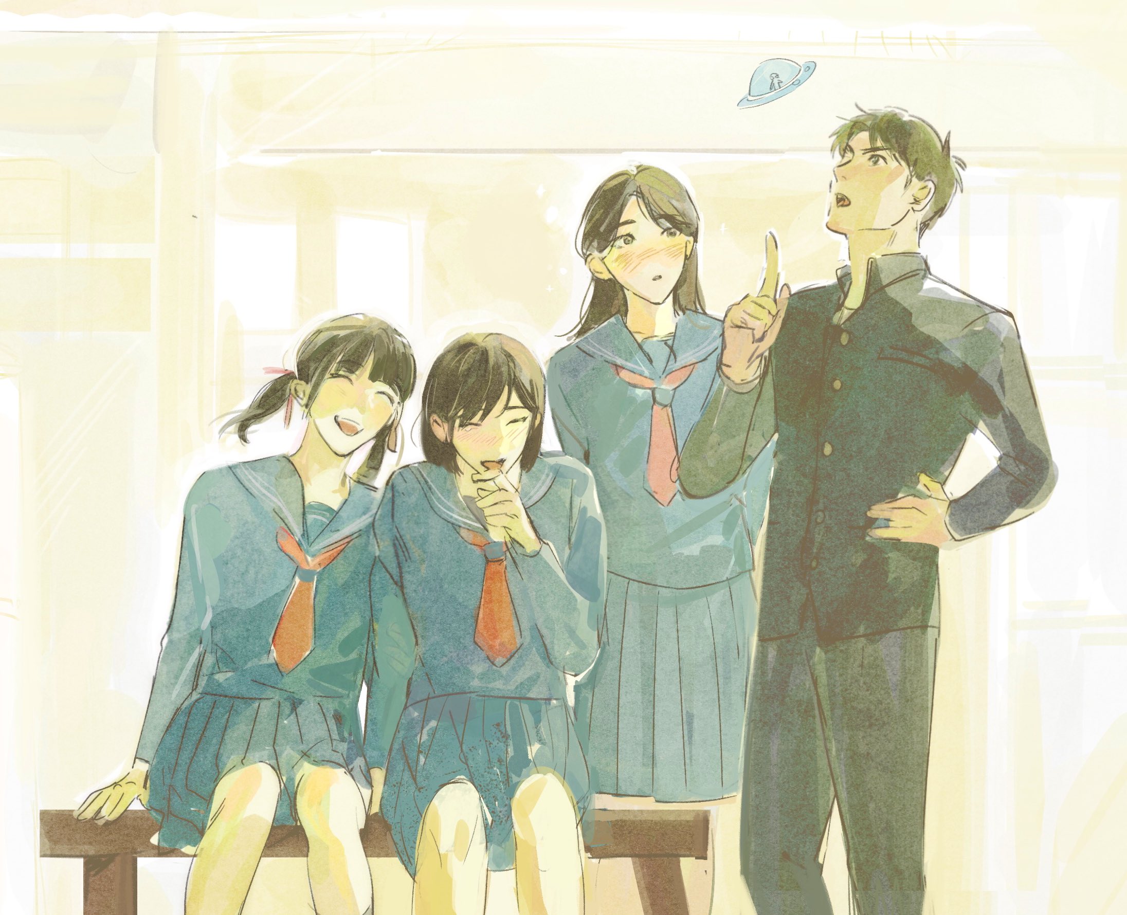 22 (22mimi2434), igarashi sakuko, iwai shu, nishida rinko, shimizu hinako, silent hill (series), silent hill f, commentary, highres, 1boy, 3girls, ^ ^, bench, black hair, closed eyes, gakuran, hair ribbon, light blush, long hair, low twintails, multiple girls, pants, pleated skirt, ribbon, sailor collar, school uniform, serafuku, short hair, simple background, sitting, skirt, smile, twintails, ufo