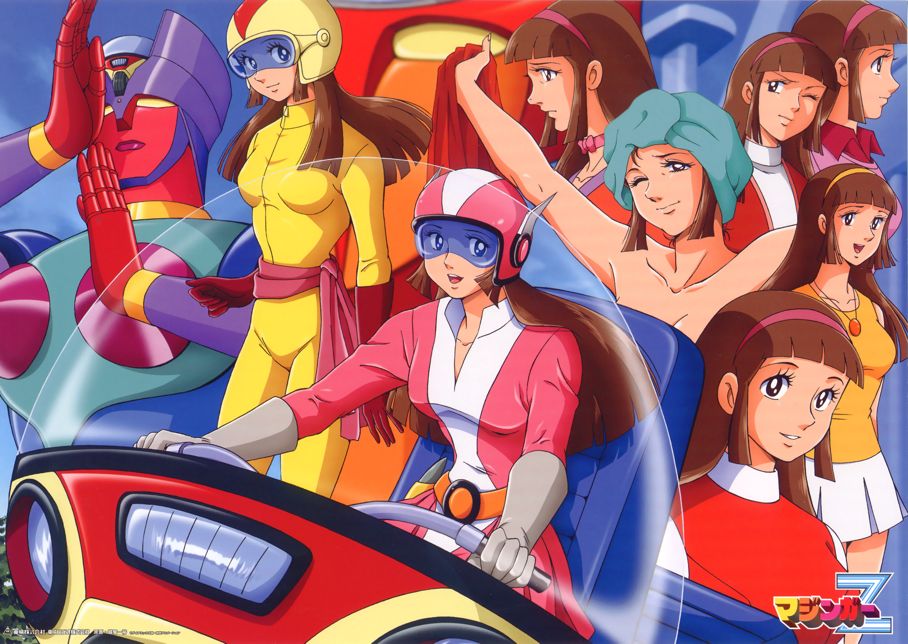 aphrodai a, aphrodite a, diana a, dianan a, yumi sayaka, mazinger (series), mazinger z, mazinkaiser, toei company, pilot suit, visor, highres, 1970s (style), 1girl, bodysuit, bow, breasts, brown eyes, brown hair, female focus, gloves, hairband, headband, helmet, long hair, mecha, nude, official style, oldschool, one eye closed, retro artstyle, robot, skirt, smile, solo, super robot, towel, wink
