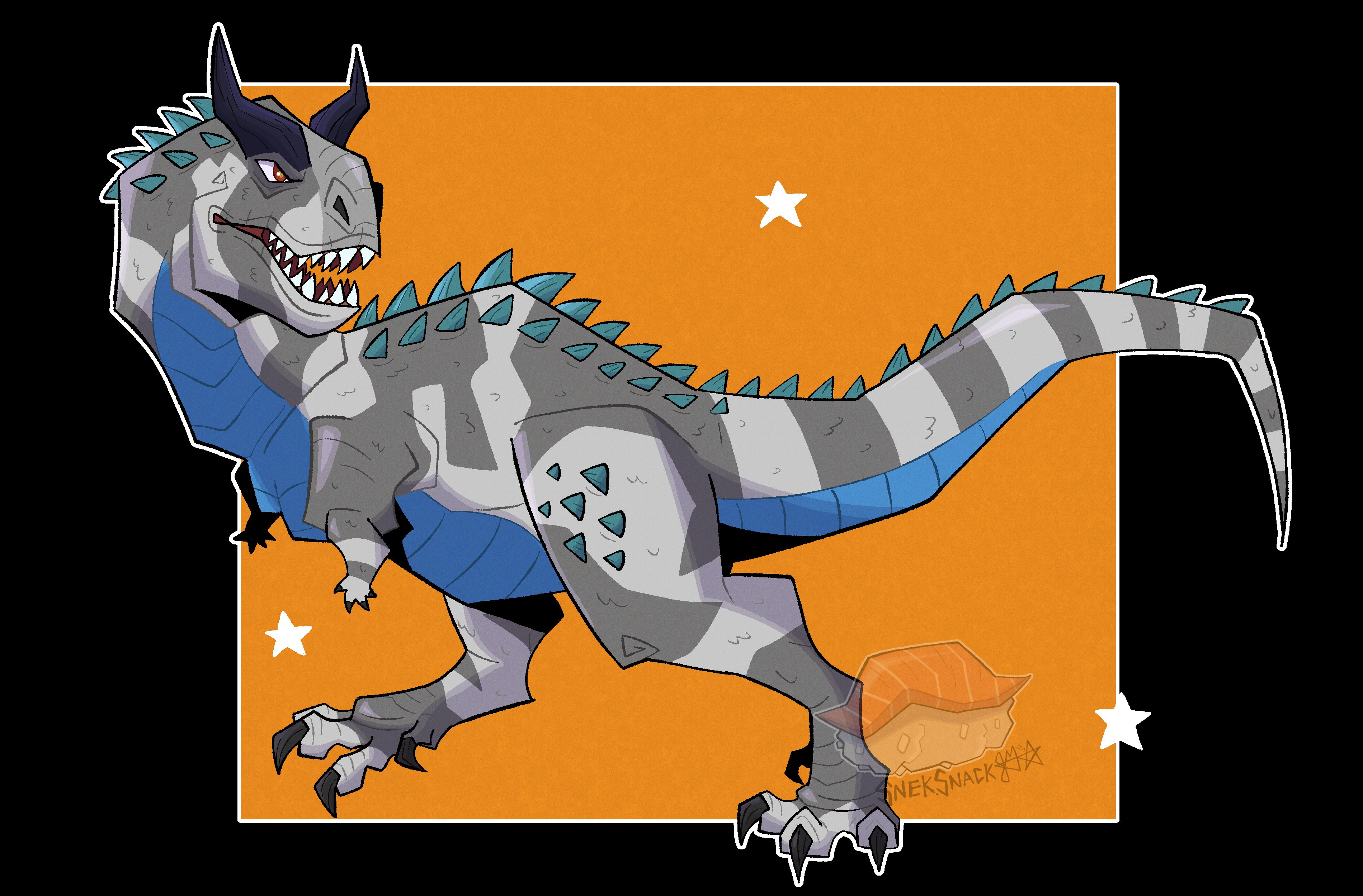 snek snack, fossil fighters, absurdres, highres, artist logo, carno (fossil fighters), carnotaurus, claws, dinosaur, from side, full body, logo, no humans, open mouth, sharp teeth, solo, star (symbol), tail, teeth, vivosaur