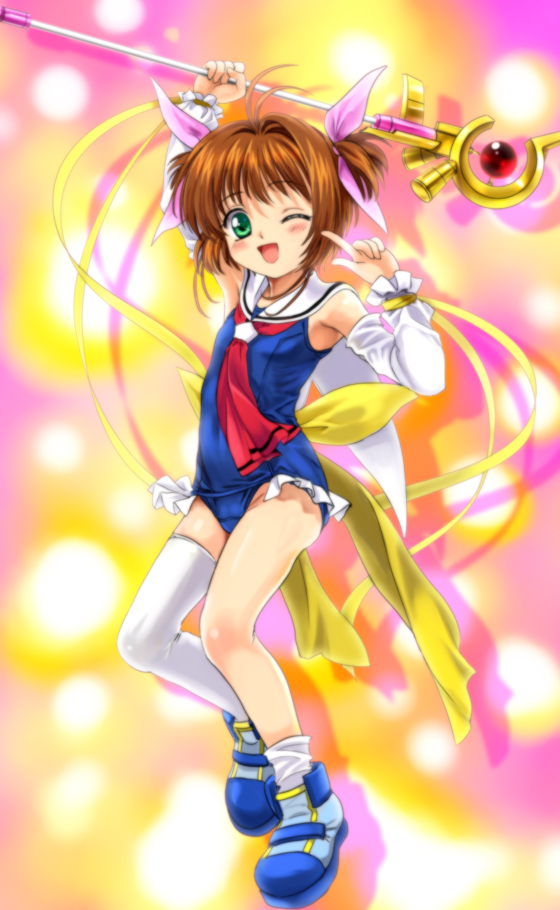 mutsuki (moonknives), kinomoto sakura, pastel ink, raising heart, raising heart (accel mode), takamachi nanoha, cardcaptor sakura, lyrical nanoha, mahou shoujo lyrical nanoha, mahou shoujo lyrical nanoha a's, moetan, highres, 1girl, asymmetrical clothes, asymmetrical legwear, blush, borrowed weapon, brown hair, child, cosplay, crossover, detached sleeves, female focus, green eyes, hair ribbon, magazine (weapon), magical girl, one-piece swimsuit, one eye closed, open mouth, parody, pastel ink (cosplay), ribbon, school swimsuit, school uniform, single thighhigh, solo, staff, swimsuit, takamachi nanoha (cosplay), thighhighs, tomoeda middle school uniform, uneven legwear, wink