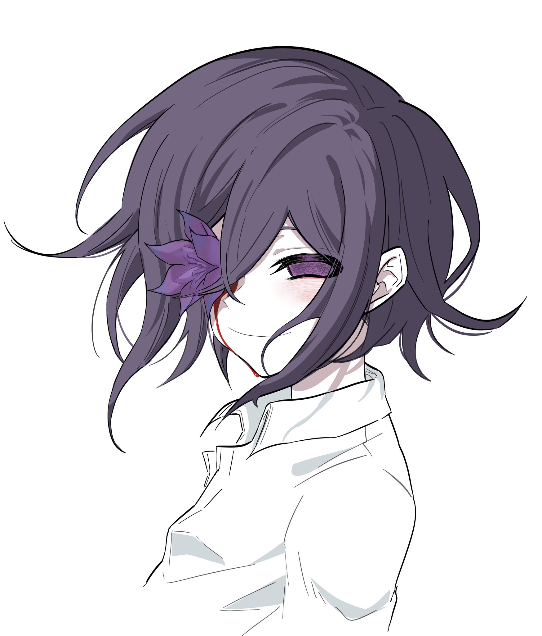 mary (marlone kuhl), oma kokichi, danganronpa (series), danganronpa v3: killing harmony, commentary, highres, 1boy, bishounen, blood, blood on face, bloody tears, blush, closed mouth, collared shirt, flipped hair, flower, flower in eye, from side, hair between eyes, half-closed eye, looking at viewer, male focus, portrait, purple eyes, purple flower, purple hair, shirt, short hair, simple background, smile, solo, symbol in eye, white background, white shirt