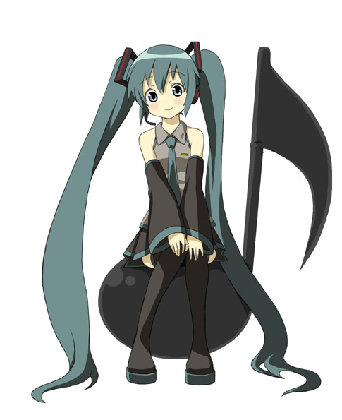 mana (gakuburu), hatsune miku, vocaloid, 1girl, aqua eyes, aqua hair, detached sleeves, female focus, headset, long hair, musical note, necktie, sitting, skirt, smile, solo, thighhighs, twintails, very long hair
