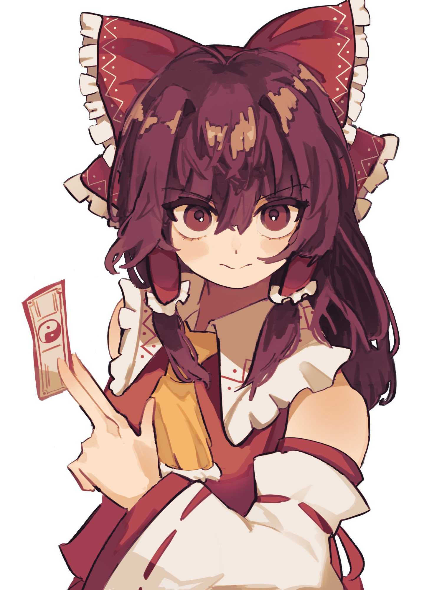 hakurei reimu, touhou, commentary, highres, 1girl, ascot, bare shoulders, bow, detached sleeves, frilled bow, frilled hair tubes, frills, hair tubes, holding, holding ofuda, looking at viewer, nontraditional miko, ofuda, red bow, red eyes, red shirt, ribbon-trimmed sleeves, ribbon trim, shirt, simple background, sleeveless, sleeveless shirt, solo, straight-on, uzuk1 03, white background, yellow ascot