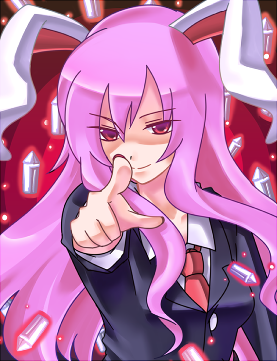 yonyon, reisen udongein inaba, touhou, bad id, bad pixiv id, 1girl, animal ears, bullet, female focus, long hair, pink eyes, purple hair, rabbit ears, smile, solo, upper body