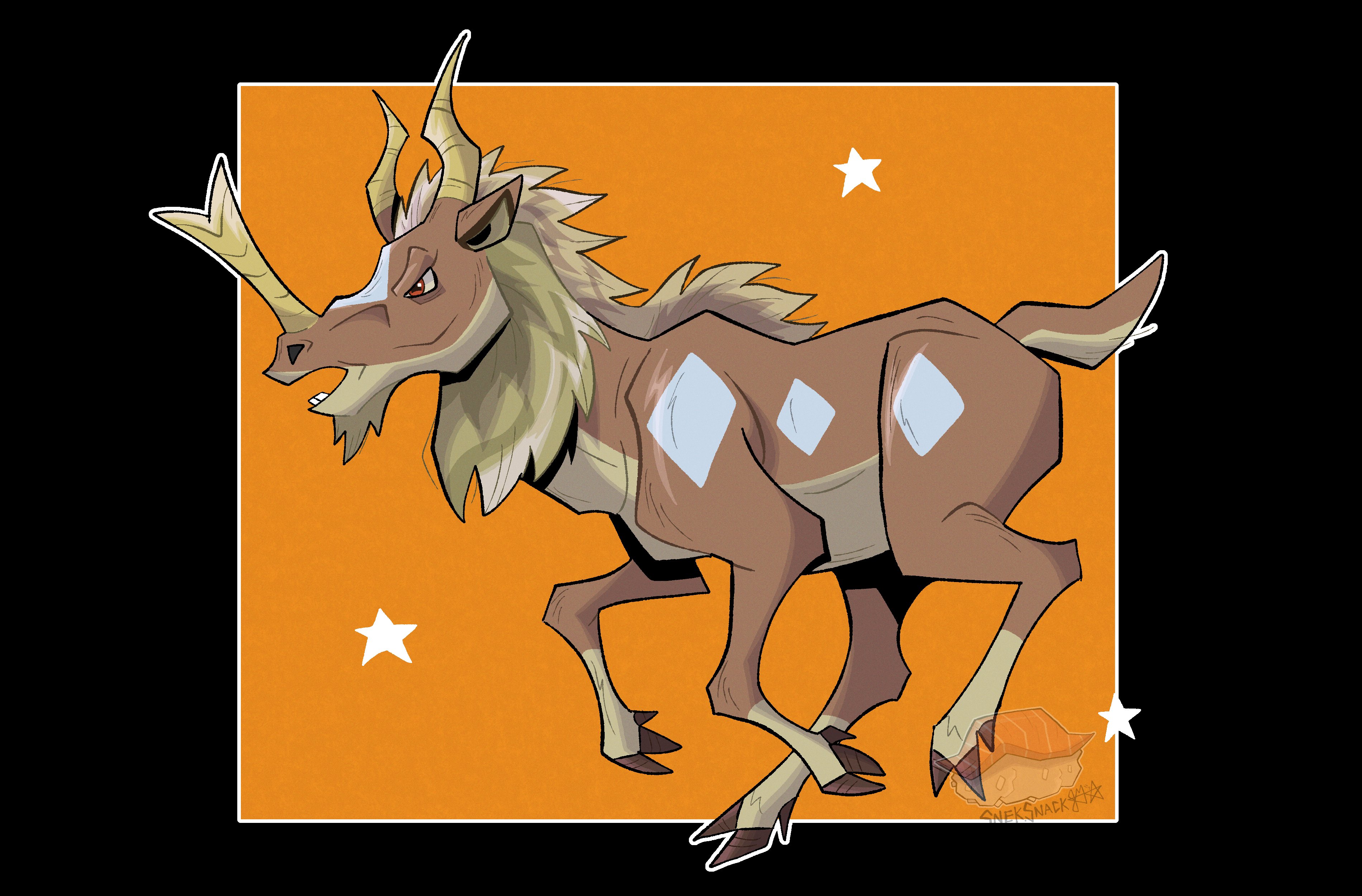 snek snack, fossil fighters, absurdres, highres, artist logo, brown fur, claws, from side, full body, hooves, horns, logo, no humans, open mouth, solo, star (symbol), synthetoceras, synthos, tail, vivosaur