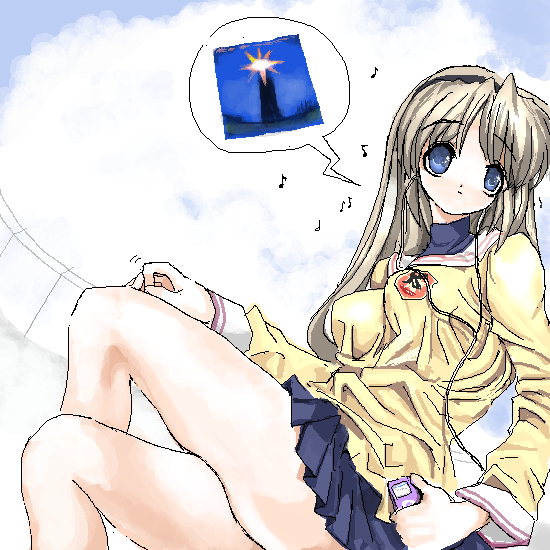 toshi (little-fluffy-cloud), sakagami tomoyo, clannad, silver hair, 00s, 1girl, album cover, blue eyes, breasts, cellphone, cover, digital media player, earphones, female focus, hairband, ipod, ipod nano, ipod nano 4g, long hair, musical note, oekaki, phone, school uniform, sitting, solo