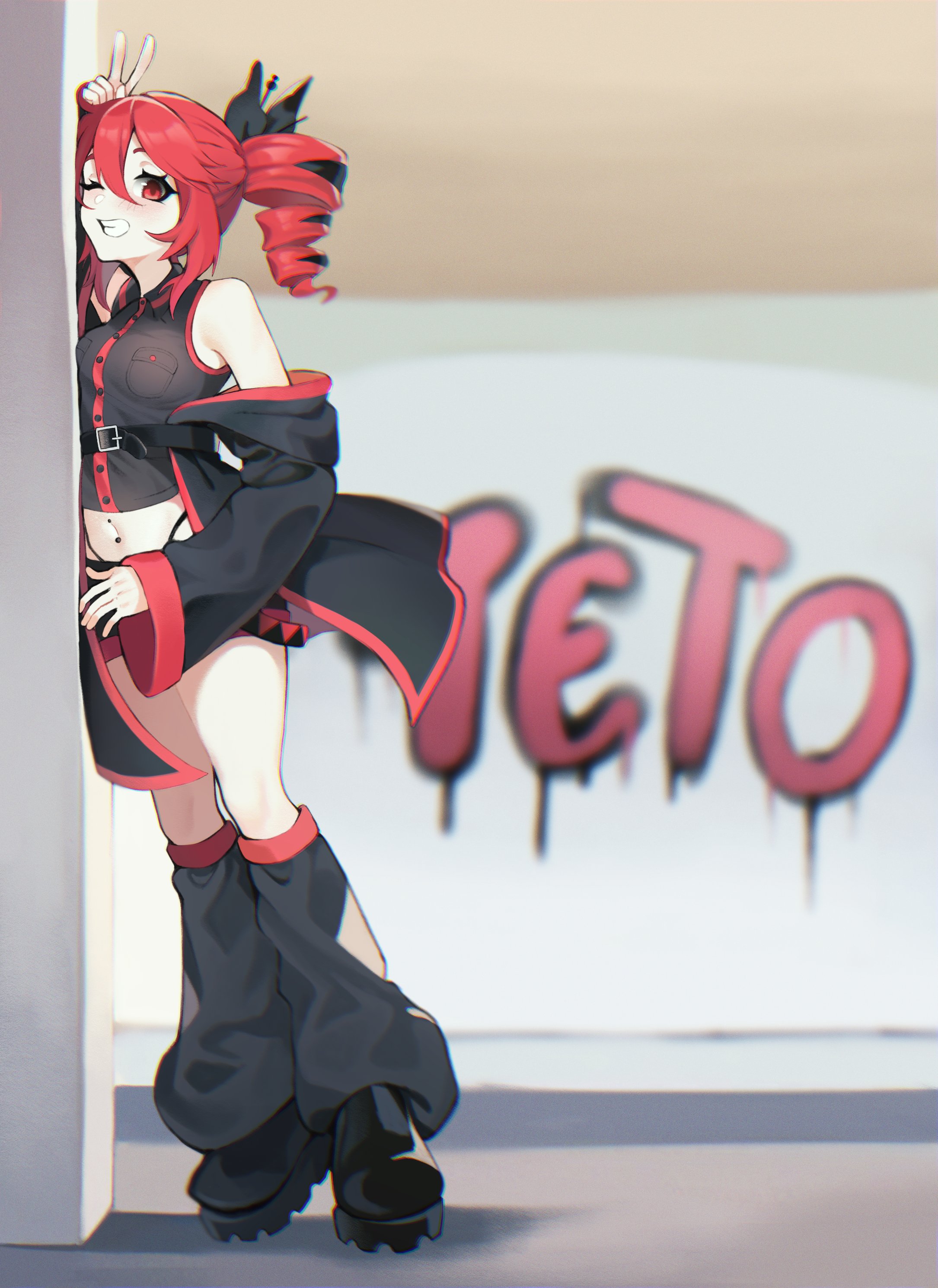 cami arriaga c, kasane teto, kasane teto (utau), utau, absurdres, commentary, english commentary, highres, second-party source, 1girl, against wall, alternate costume, bare shoulders, belt, black boots, black bow, black jacket, black leg warmers, black shirt, boots, bow, breast pocket, buttons, character name, full body, graffiti, grin, hair bow, highleg, highleg panties, jacket, leg warmers, light blush, looking at viewer, midriff, navel, navel piercing, off shoulder, one eye closed, panties, piercing, pocket, red eyes, shirt, sleeveless, sleeveless shirt, smile, solo, standing, underwear, v