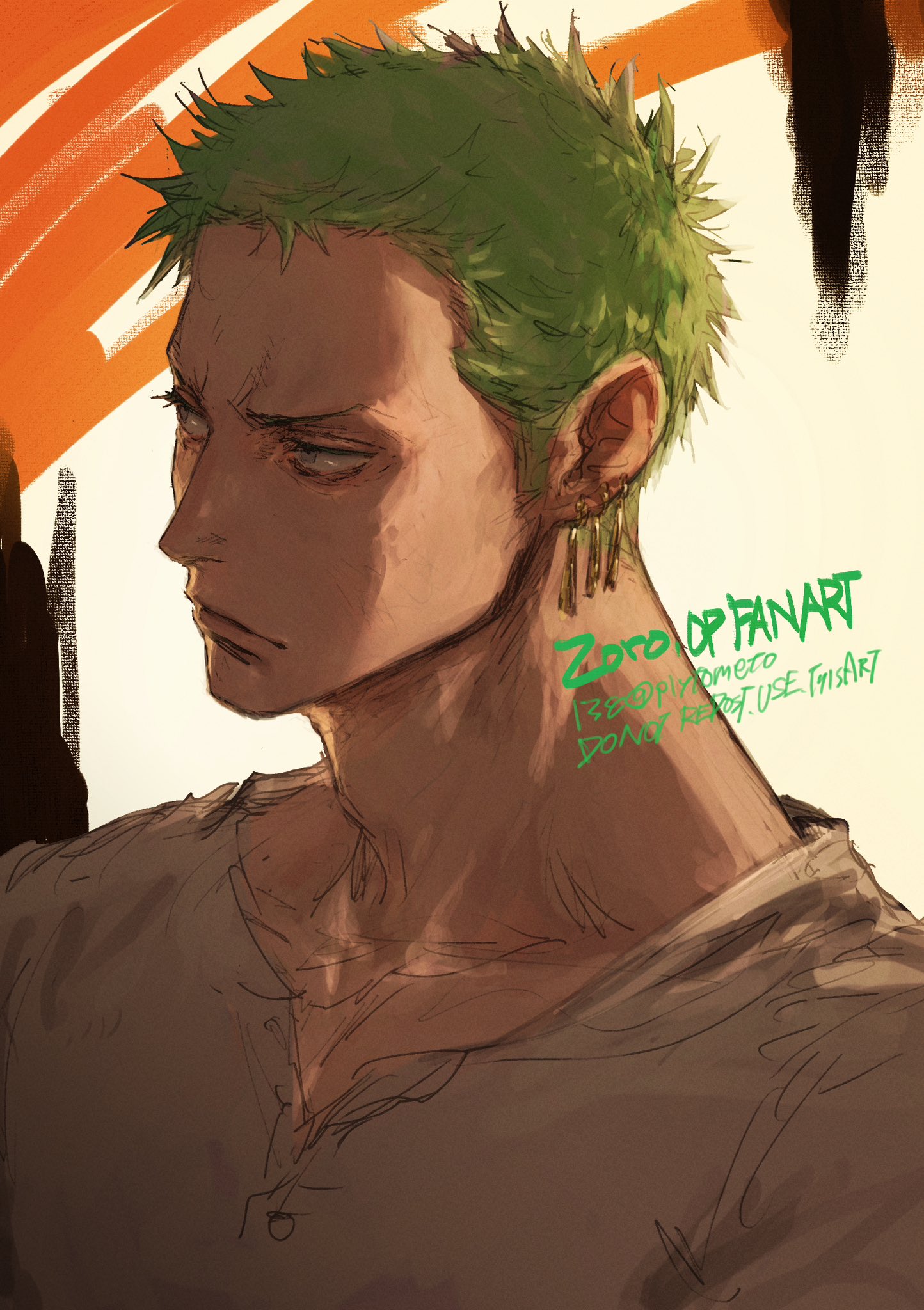 plytometo, roronoa zoro, one piece, commentary request, highres, 1boy, character name, closed mouth, earrings, expressionless, green hair, grey eyes, jewelry, looking ahead, male focus, shirt, short hair, sideburns, solo, white shirt