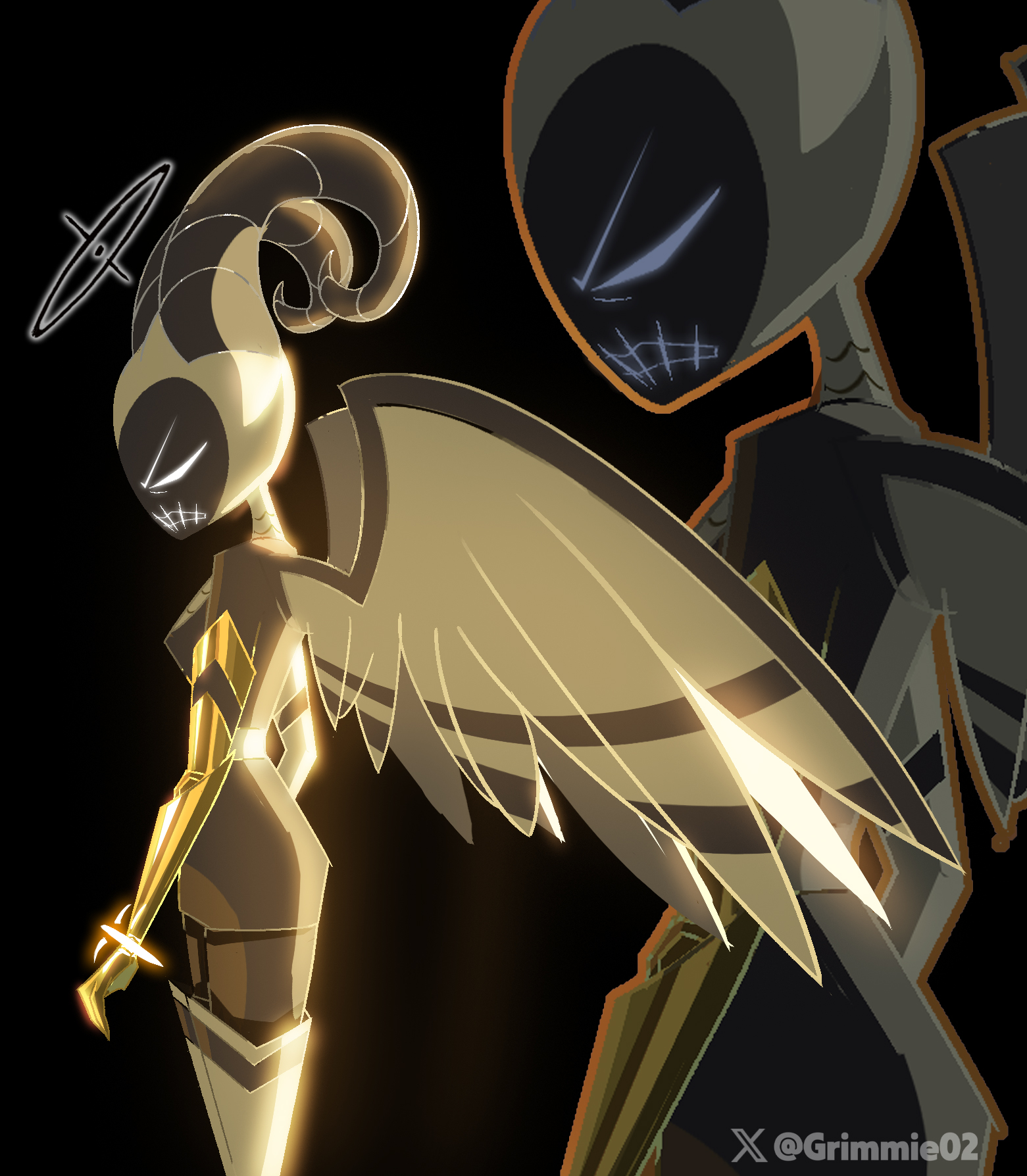 grimmie02, lute (hazbin hotel), hazbin hotel, hellaverse, highres, 1girl, artist name, black background, black dress, boots, bracelet, breasts, dress, from side, glowing, glowing eyes, grey wings, halo, horns, jewelry, mask, medium breasts, profile, solo, thigh boots, white boots, wings, zoom layer