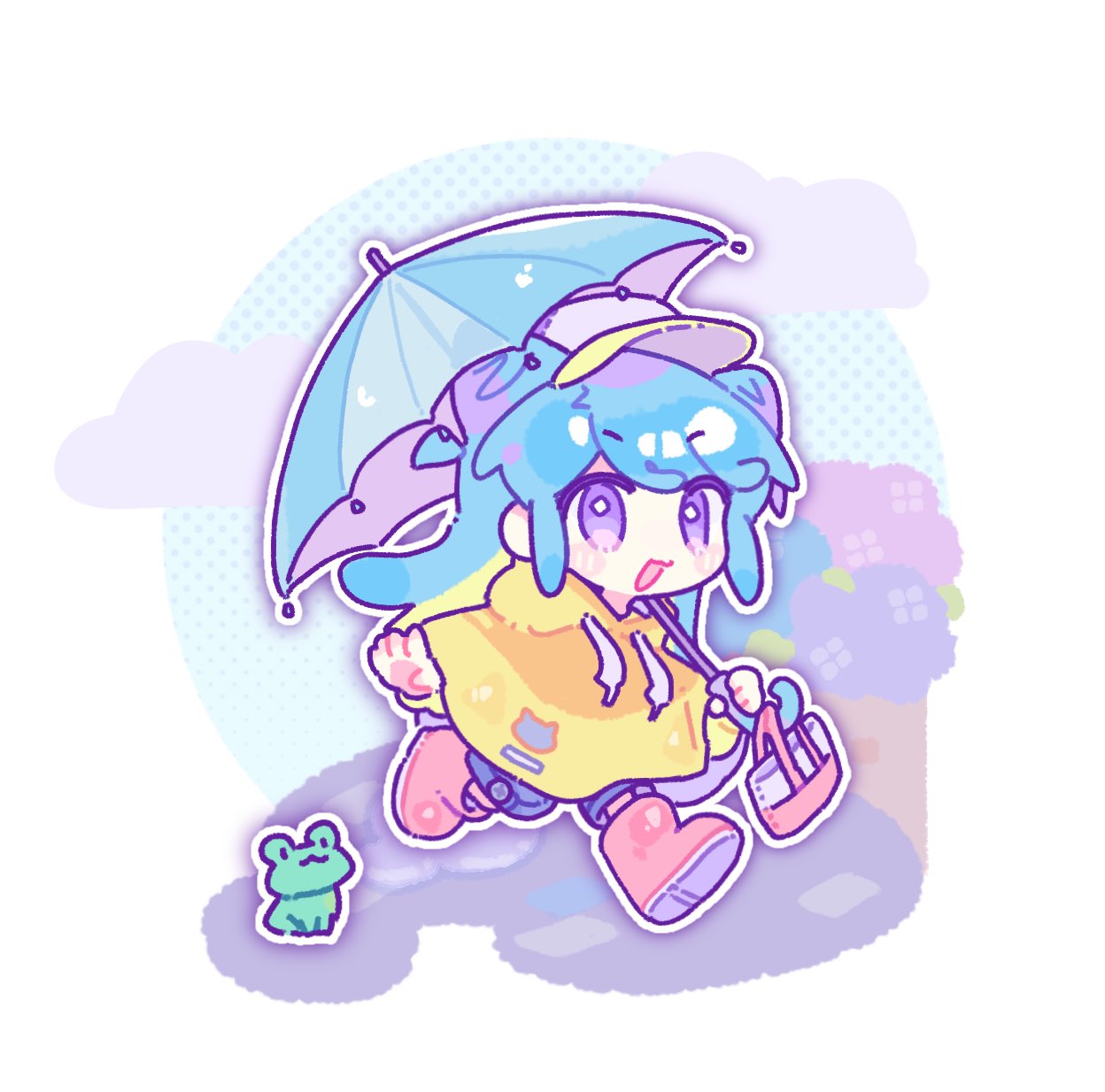 higiki, original, commentary, highres, symbol-only commentary, 1girl, :3, :d, blue hair, blue hat, blue shorts, blue umbrella, blush stickers, boots, chibi, chibi only, drawstring, frog, full body, hat, holding, holding umbrella, long hair, open mouth, outline, purple hair, raincoat, red boots, rubber boots, running, shorts, smile, solo, umbrella, white outline, yellow raincoat