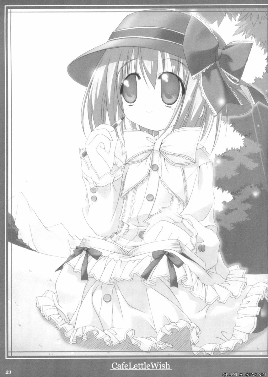 lily (cafe little wish), cafe little wish, highres, book, dress, greyscale, hat, monochrome, nature, pencil, ribbon, sitting, solo, wooden pencil