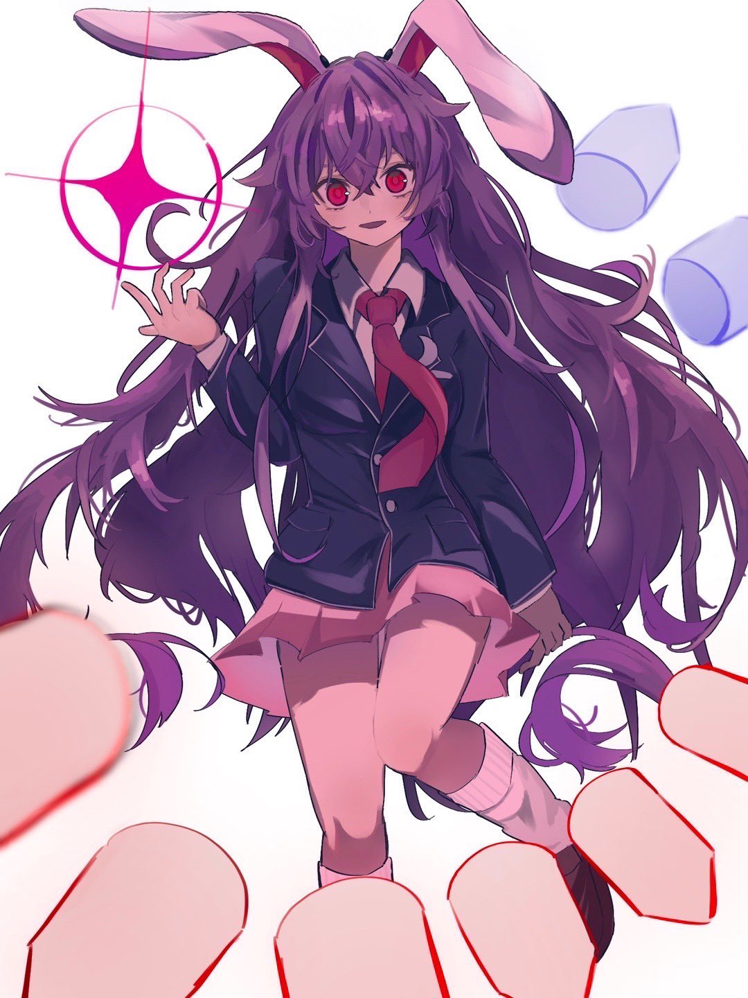 reisen udongein inaba, touhou, commentary, highres, 1girl, animal ears, black jacket, crazy eyes, crossed bangs, jacket, long hair, looking at viewer, necktie, parted lips, pink skirt, purple hair, rabbit ears, rabbit girl, red eyes, red necktie, skirt, socks, solo, uzuk1 03, white socks