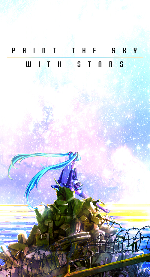 eeteru, hatsune miku, vocaloid, 1girl, arm support, barbed wire, detached sleeves, female focus, long hair, sitting, skirt, sky, solo, star (sky), star (symbol), starry sky, thighhighs, twintails, very long hair, water