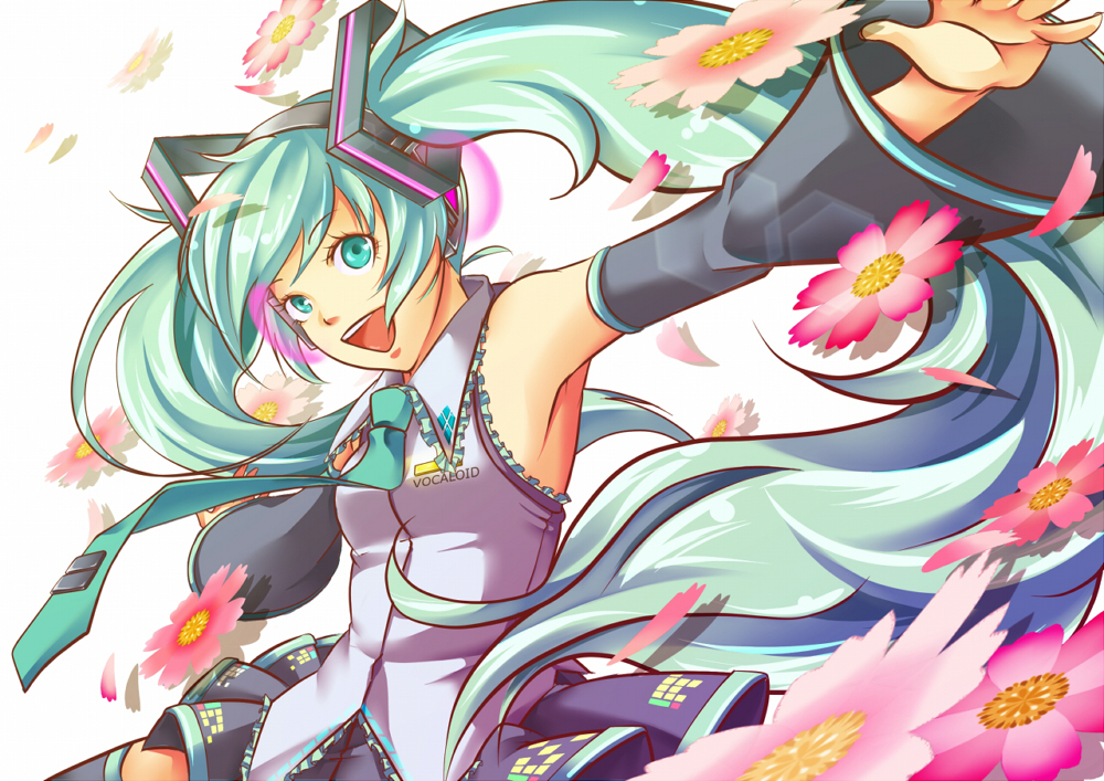 eeteru, hatsune miku, vocaloid, armpits, detached sleeves, flat chest, flower, green eyes, green hair, long hair, necktie, skirt, solo, thighhighs, twintails, very long hair