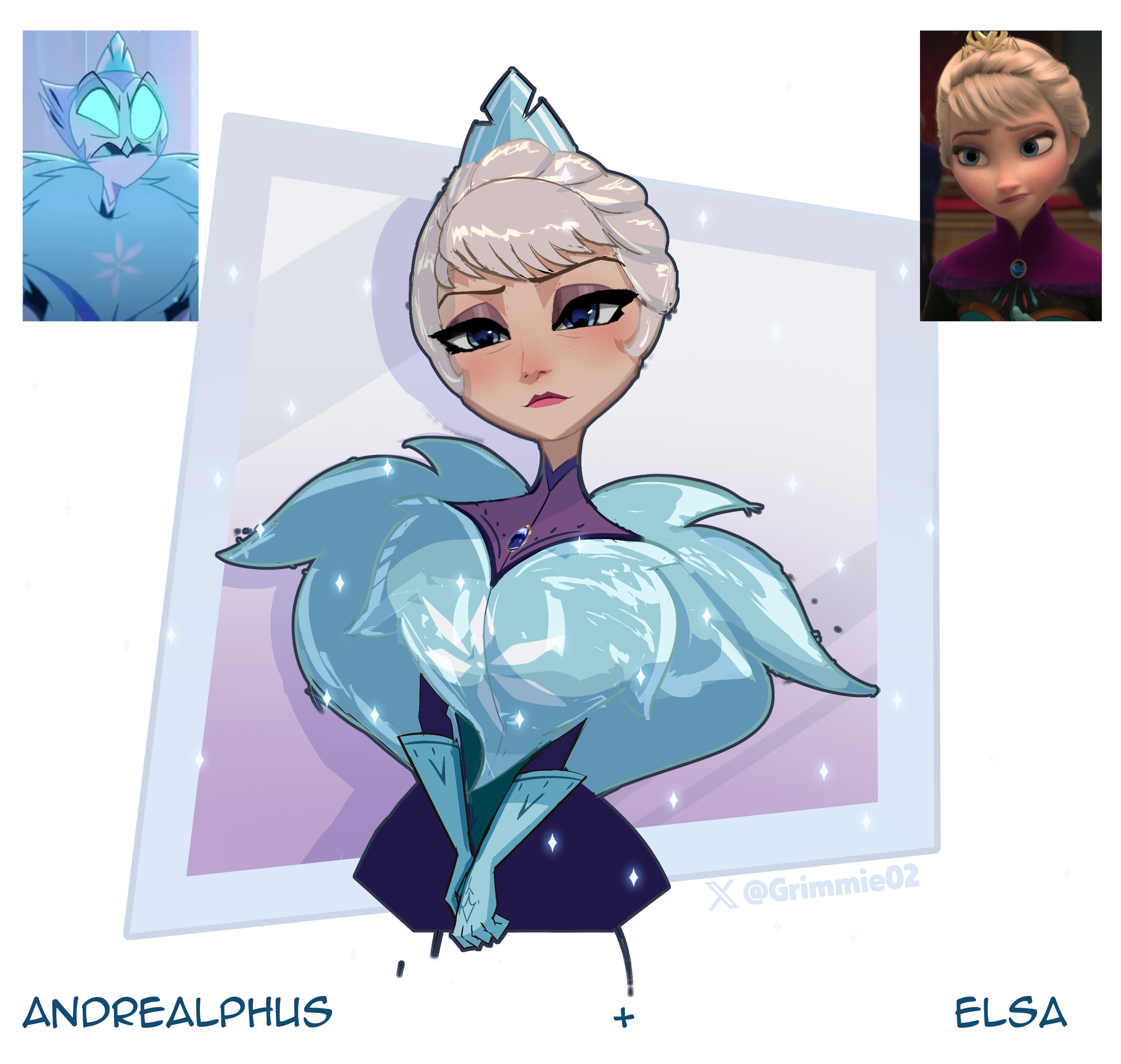 grimmie02, andrealphus (helluva boss), elsa (frozen), frozen (disney), hellaverse, helluva boss, absurdres, highres, 1girl, andrealphus (helluva boss) (cosplay), blonde hair, blue eyes, coat, cosplay, cropped legs, crown, fur coat, gem, gloves, green gloves, looking at viewer, short hair, solo, white background
