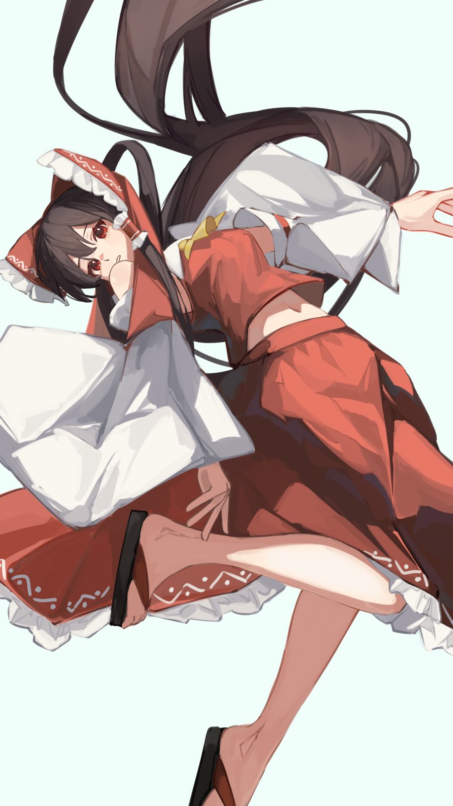 hirachill16, hakurei reimu, touhou, commentary, highres, 1girl, ascot, bow, brown hair, detached sleeves, expressionless, floating hair, frilled bow, frilled skirt, frills, hair bow, long hair, looking at viewer, midriff peek, navel, nontraditional miko, parted lips, red bow, red eyes, red shirt, red skirt, sandals, shirt, simple background, skirt, skirt set, solo, very long hair, white background, wide sleeves, yellow ascot, zouri