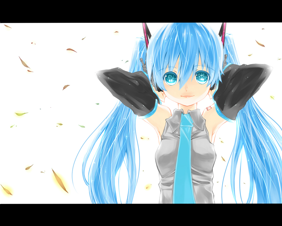 senri gan, gan, hatsune miku, vocaloid, bad id, bad pixiv id, 1girl, armpits, arms up, blue eyes, blue hair, detached sleeves, female focus, letterboxed, long hair, matching hair/eyes, necktie, solo, twintails