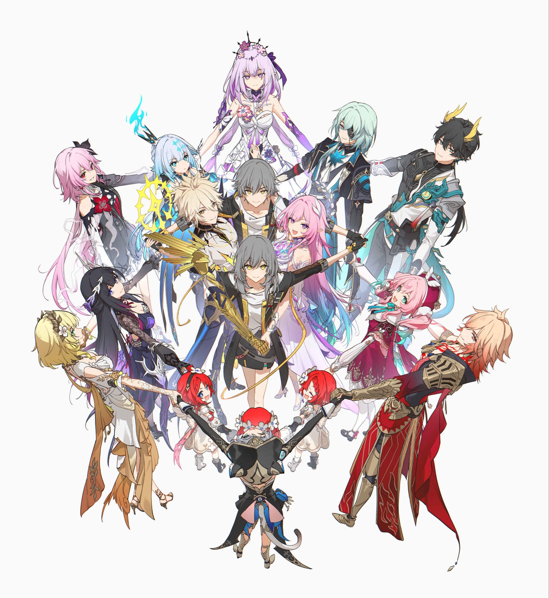 hei lang, aglaea (honkai: star rail), anaxa (honkai: star rail), caelus (honkai: star rail), castorice (honkai: star rail), cerydra (honkai: star rail), cipher (honkai: star rail), cyrene (ripples of past reverie) (honkai: star rail), dan heng (honkai: star rail), dan heng (permansor terrae) (honkai: star rail), evernight (honkai: star rail), hyacine (honkai: star rail), hysilens (honkai: star rail), march 7th (honkai: star rail), mydei (honkai: star rail), phainon (honkai: star rail), phainon (khaslana) (honkai: star rail), stelle (honkai: star rail), trailblazer (honkai: star rail), trianne (honkai: star rail), tribbie (honkai: star rail), trinnon (honkai: star rail), honkai: star rail, honkai (series), highres, ancient greek clothes, armor, bare shoulders, black hair, blonde hair, cape, cat girl, chrysos heirs (honkai: star rail), crown, dragon boy, dress, gauntlets, gloves, gradient hair, greco-roman clothes, green hair, grey hair, hair ornament, halo, high heels, holding hands, horns, long hair, medium hair, mini crown, multicolored hair, multiple boys, multiple girls, pants, pink hair, purple hair, red hair, skirt, tail, tiara, very long hair, white background, white hair