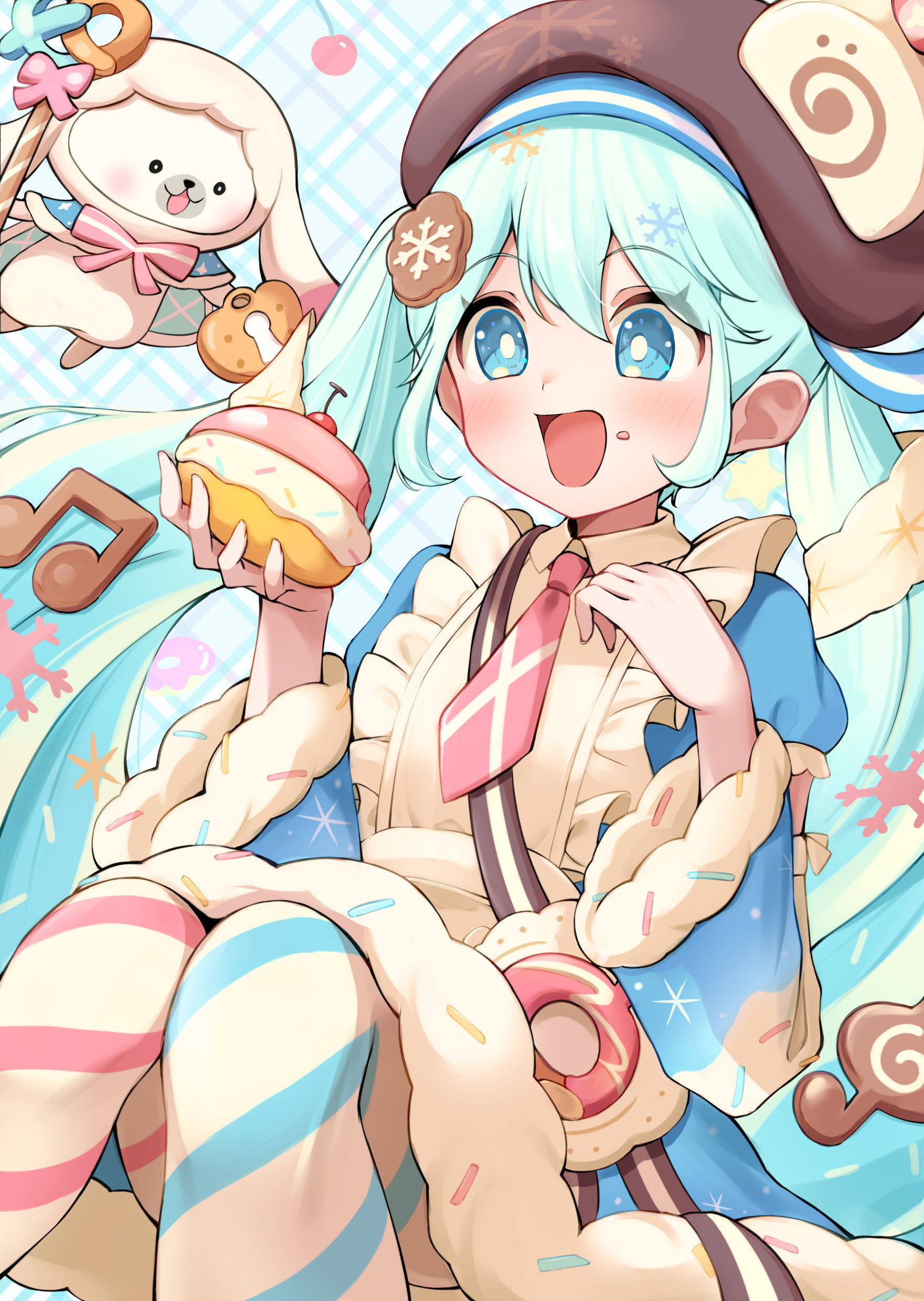 kaigan, hatsune miku, rabbit yukine, yuki miku, yuki miku (2026), vocaloid, absurdres, highres, 1girl, 1other, absurdly long hair, apron, aqua dress, aqua eyes, asymmetrical legwear, beret, blue eyes, blush, cake, collared shirt, cookie hair ornament, dress, food, food-themed hair ornament, fortissimo, frilled apron, frills, hair ornament, hat, holding, holding food, long hair, long sleeves, looking at another, mismatched legwear, multicolored hair, musical note, musical note hair ornament, necktie, official alternate costume, official alternate hairstyle, open mouth, pink necktie, rabbit, shirt, smile, swiss roll, thighhighs, twintails, very long hair, white apron, white hair, white thighhighs, wide sleeves