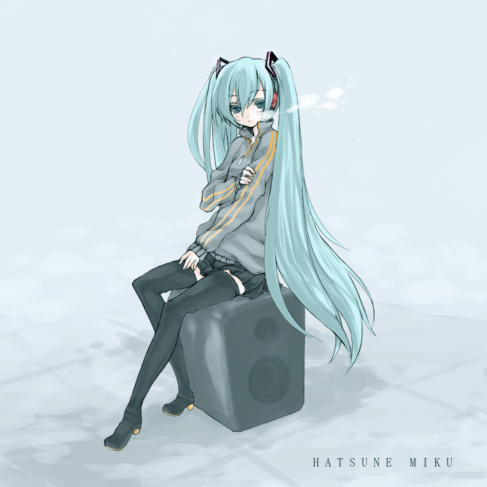senri gan, gan, hatsune miku, vocaloid, bad id, bad pixiv id, 1girl, blue eyes, blue hair, breath, character name, female focus, long hair, matching hair/eyes, skirt, solo, speaker, thighhighs, twintails, very long hair