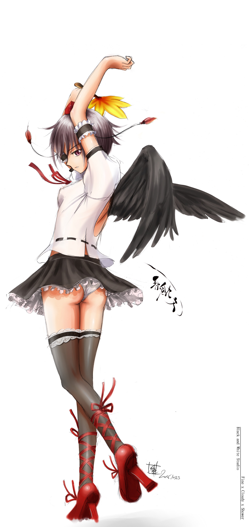 chunyan0001, eatbara, shameimaru aya, touhou, highres, 1girl, arm garter, ass, black hair, black wings, expressionless, female focus, geta, hand fan, looking at viewer, panties, pantyshot, parted lips, red eyes, solo, tengu-geta, thighhighs, underwear, wings