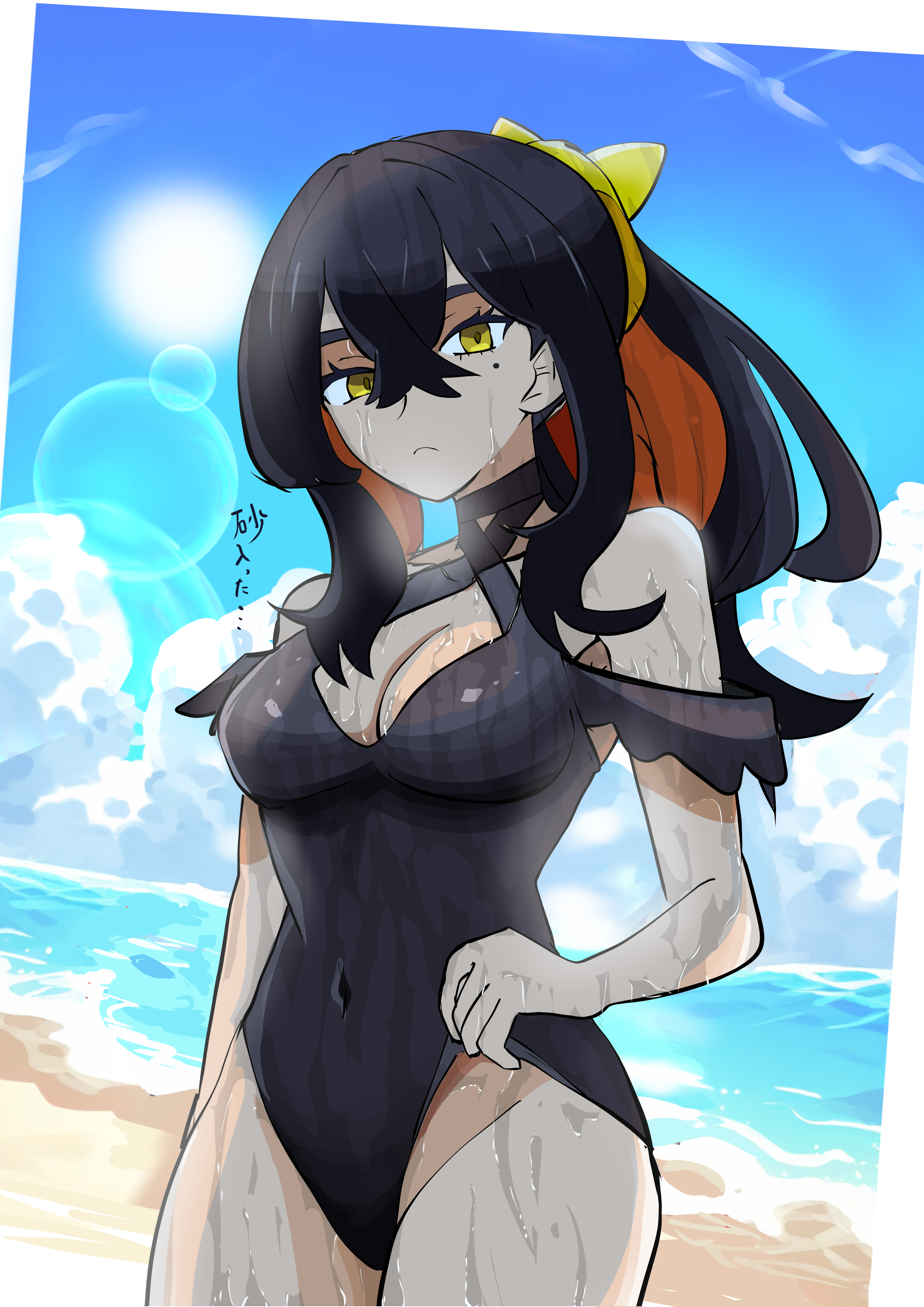 makademia, carmine (pokemon), nintendo, pokemon, pokemon sv, absurdres, highres, 1girl, beach, black hair, black one-piece swimsuit, bow, breasts, cleavage, clothes pull, cloud, cloudy sky, covered navel, criss-cross halter, day, hair between eyes, hair bow, halterneck, lens flare, long hair, looking at viewer, ocean, one-piece swimsuit, one-piece swimsuit pull, outdoors, sky, solo, standing, sun, swimsuit, wet, yellow bow, yellow eyes