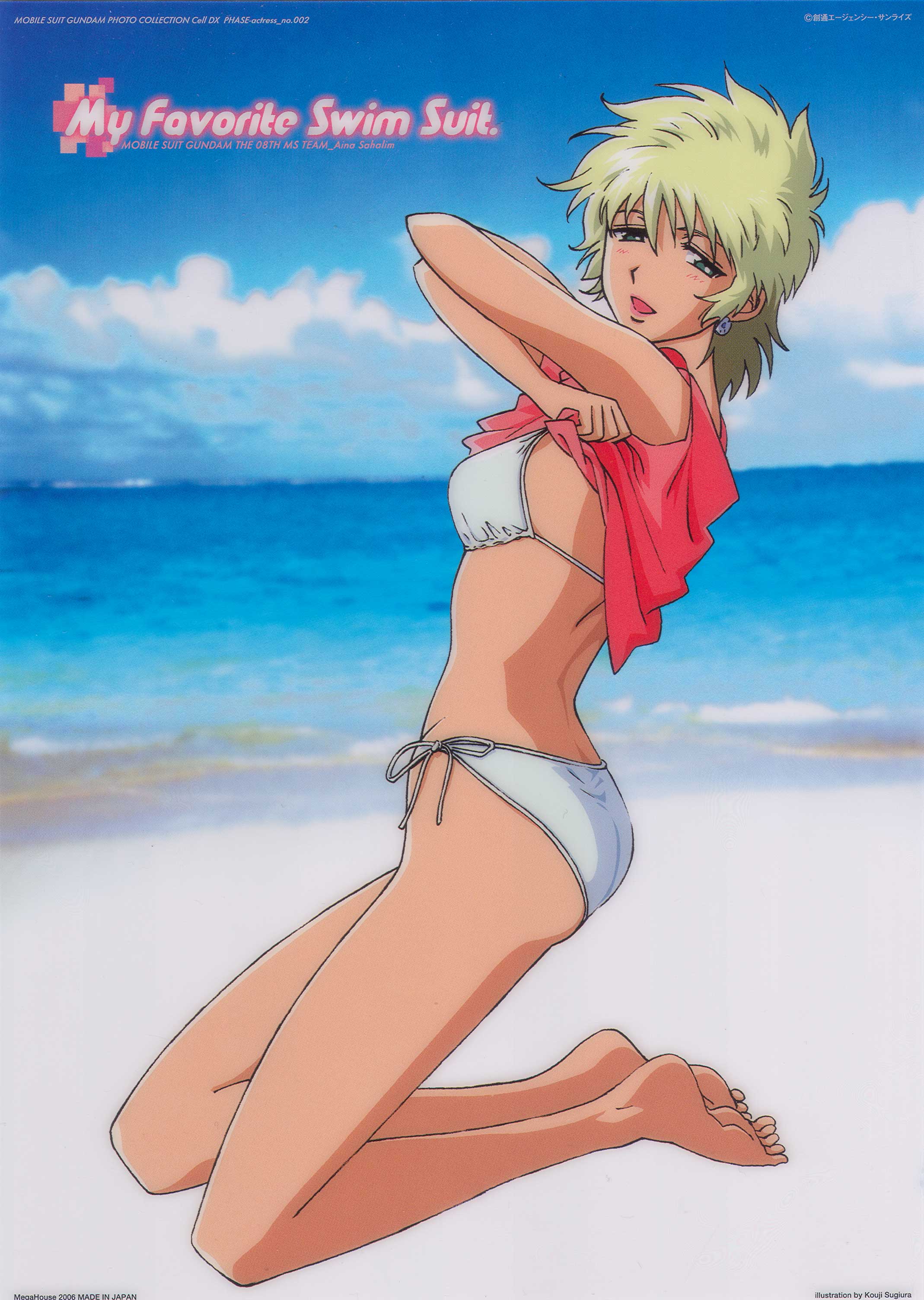 sugiura kouji, aina saharin, gundam, gundam 08th ms team, absurdres, highres, 1girl, ass, back, barefoot, beach, bikini, blurry, breasts, character name, clothes lift, copyright name, dated, day, depth of field, english text, female focus, from side, full body, hair between eyes, half-closed eyes, lifting own clothes, messy hair, outdoors, photo background, shirt lift, side-tie bikini bottom, sky, solo, swimsuit, white bikini