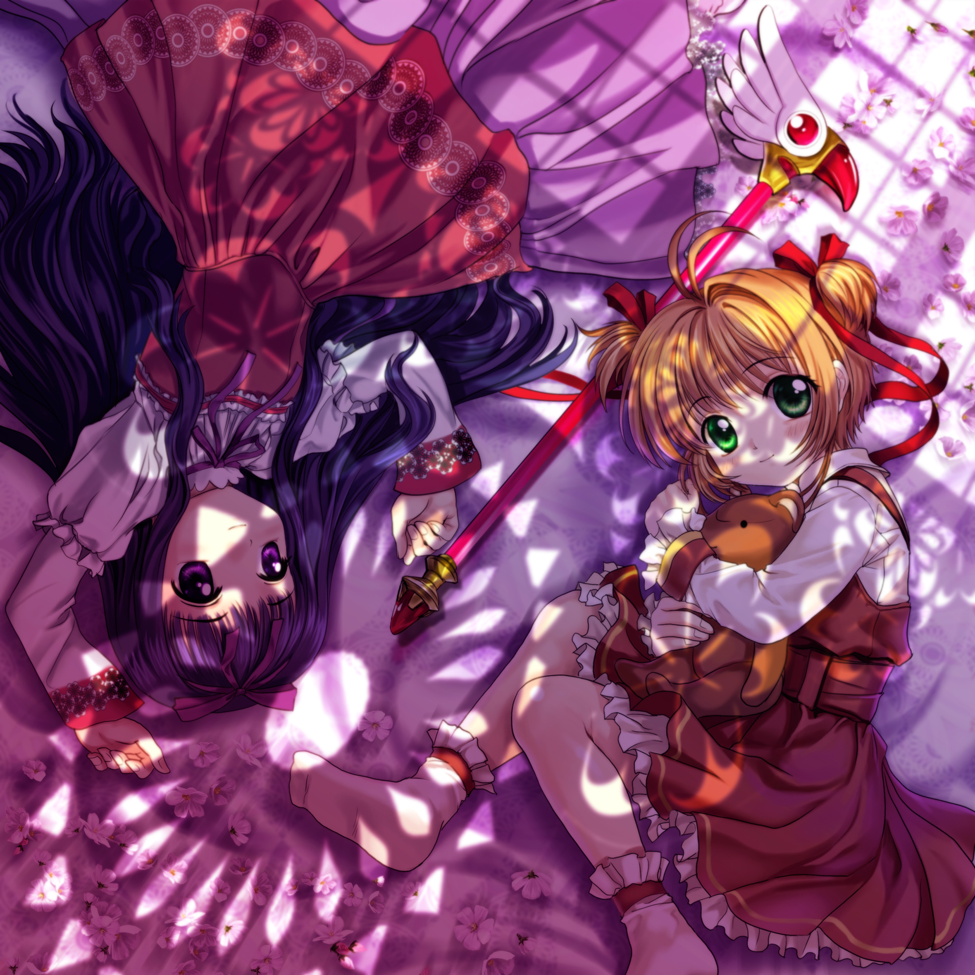 mutsuki (moonknives), daidouji tomoyo, kinomoto sakura, cardcaptor sakura, kodansha, eyebrows, highres, 1990s (style), 2girls, blush, brown hair, child, dress, flower, fuuin no tsue, green eyes, long hair, magical girl, matching hair/eyes, multiple girls, purple eyes, purple hair, retro artstyle, ribbon, socks, staff, stuffed animal, stuffed toy, teddy bear
